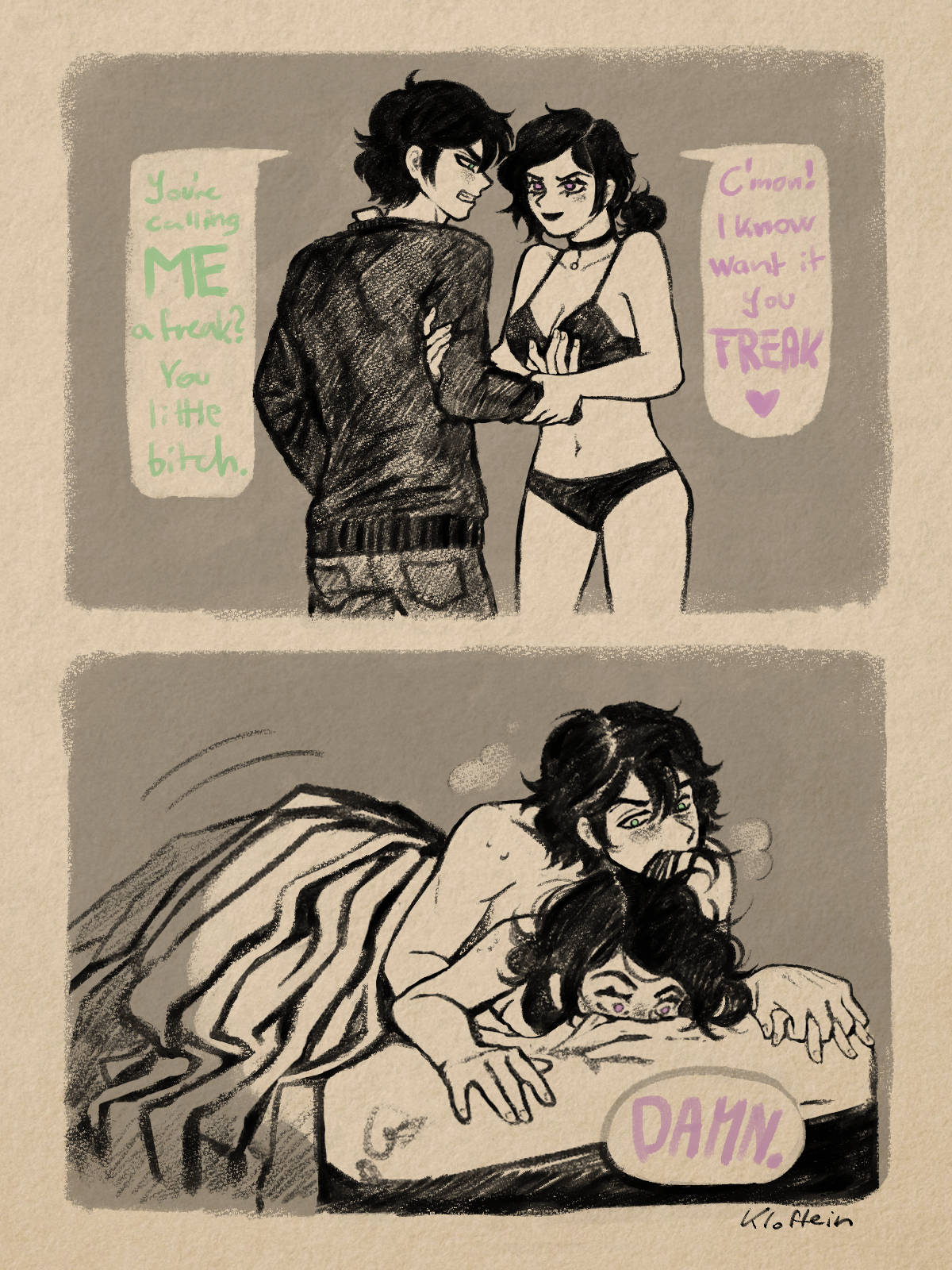 1boy, 1girls, 2d, andrew graves, ashley graves, bed, behind, biting hair, black hair, blush, brother and sister, choker, dialogue, english text, female, from, green eyes, hair in mouth, hand holding, holding hands, in bed, incest, kloffein, light-skinned female, light-skinned male, male, pink eyes, ponytail, prone bone, rough sex, sex, siblings, tease, teasing, the coffin of andy and leyley, under sheets, underwear