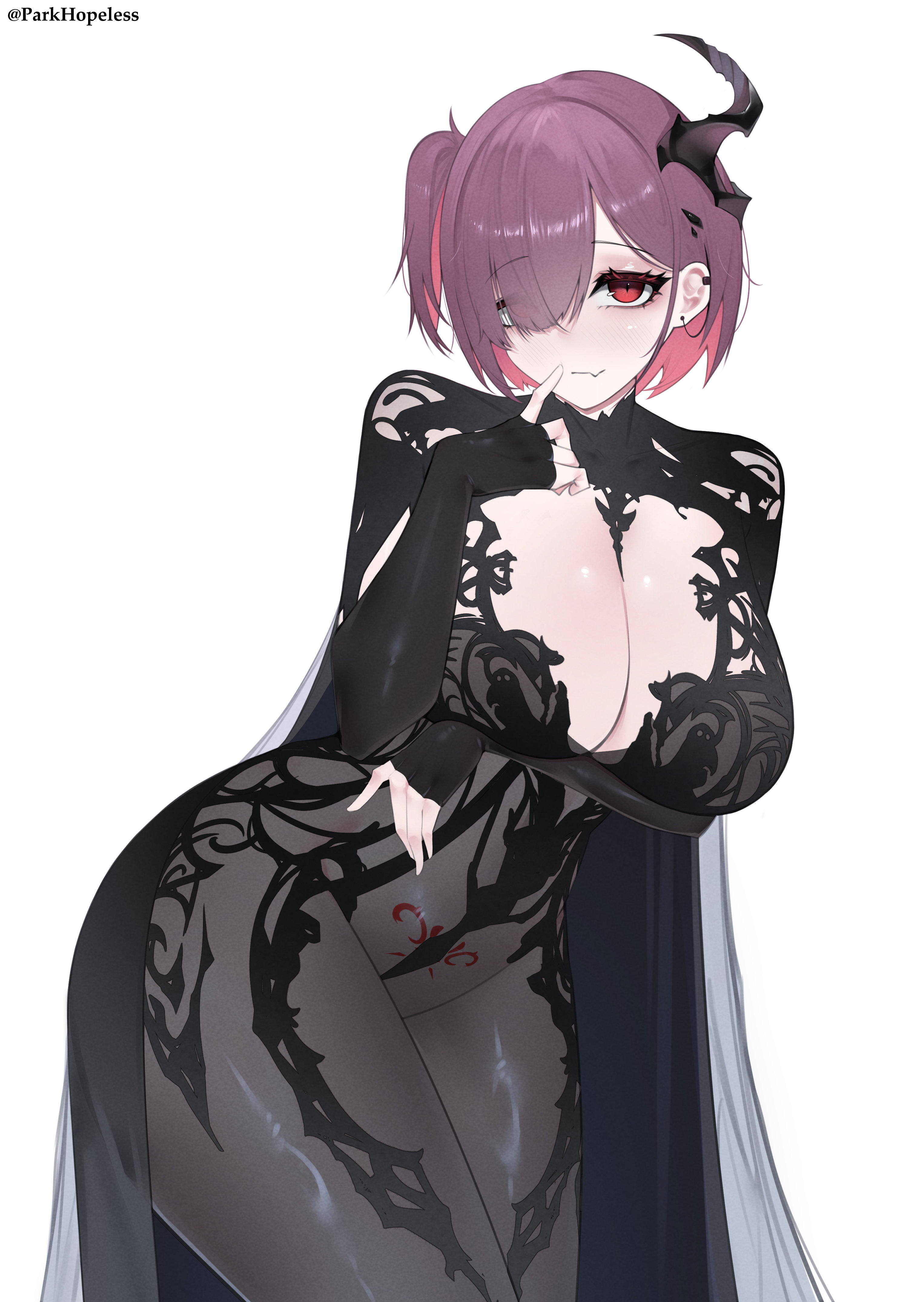 1girls, big breasts, breasts, busty, busty female, closed mouth smile, curvy, female, female only, goddess of victory: nikke, head tilt, heretic (nikke), huge breasts, large breasts, parkhopeless, plump breasts, ponytail, pubic tattoo, purple eyebrows, purple hair, purple-haired female, red eyes, red-eyed female, side ponytail, smile, smiley face, smiling, smiling at viewer, smirk, tattoo, tilted head, ziz (nikke)