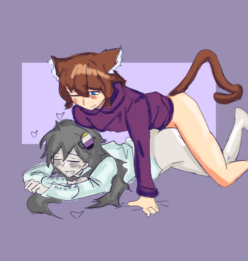 april (rndmpa), artist self-insert, cat boy, cat ears, cat tail, catboy, female, femboy, femboy on female, femboydom, gift art, gripping sheets, hearts around head, male, mcreethan (vtuber), no pants, no skirt, nonbinary, nonbinary (lore), nonbinary flag, nonbinary pride colors, rndmpa, self insert, she/they, virtual youtuber, vtuber