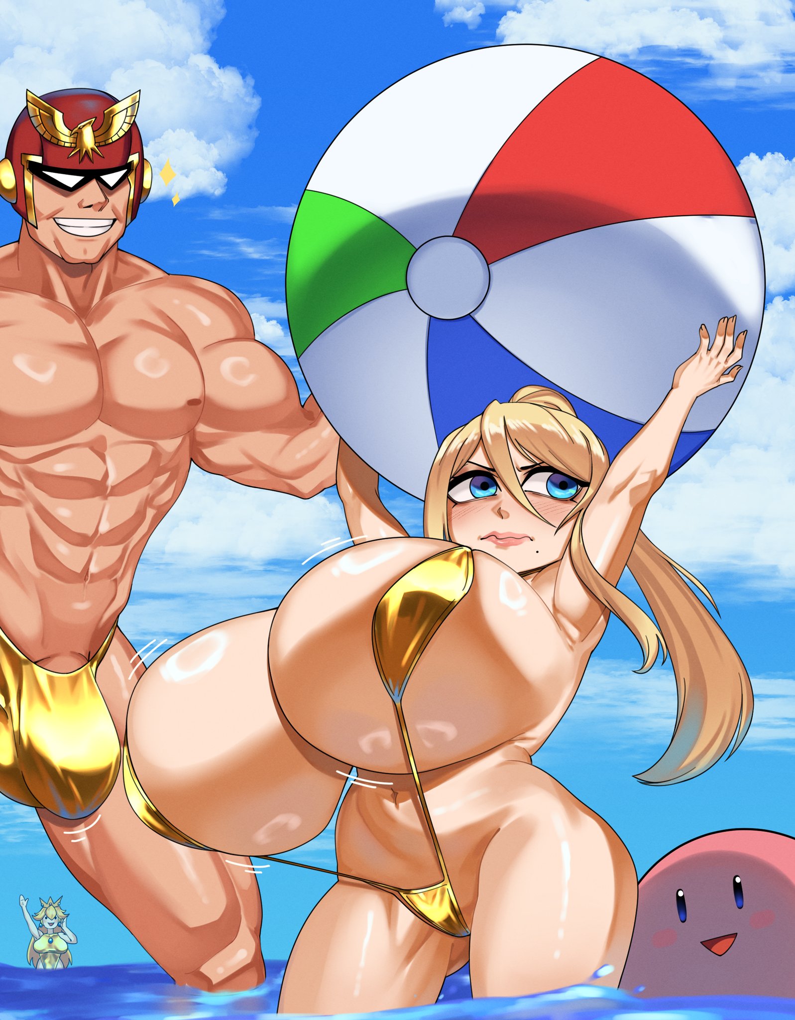 1boy, 1girls, beach ball, big breasts, bikini, blonde hair, blue eyes, breasts, captain falcon, crossover, enormous breasts, f-zero, female, gold bikini, gold swimsuit, golden bikini, huge breasts, human, kirby, kirby (series), male, mario (series), metroid, nintendo, princess peach, samus aran, shortstack, sling bikini, strongmoist, super mario bros., super smash bros., swimsuit, voluptuous, voluptuous female