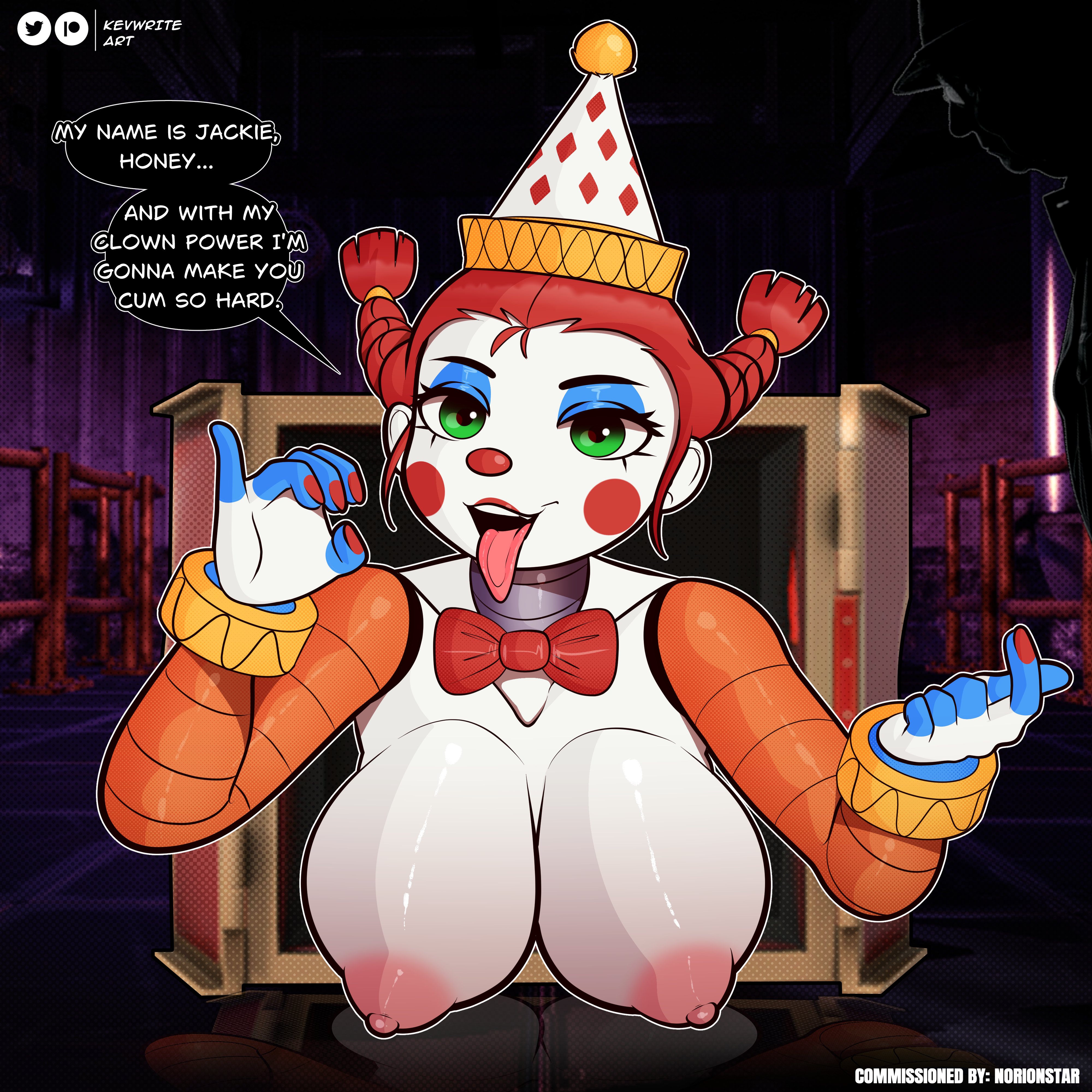 big breasts, breasts, breasts out, clown, clown girl, edwin murray, female, five nights at freddy's, five nights at freddy's: secret of the mimic, jackie (fnaf), kevwrite, meme reference, my name is the fucking mimic oh yeah