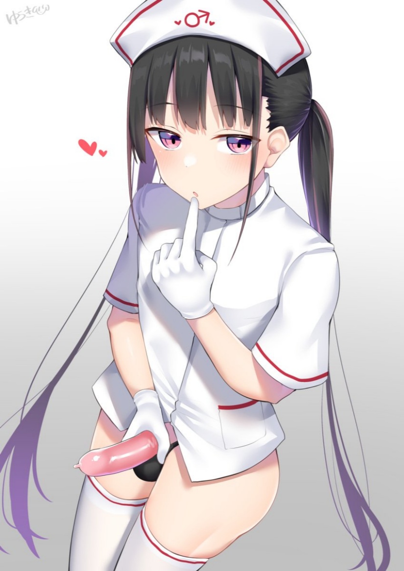 1boy, bangs, black hair, blunt bangs, blush, condom, condom on penis, eyebrows visible through hair, femboy, gloves, hat, heart, heart-shaped pupils, kitajima yuuki, long hair, male, nurse, nurse cap, otoko no ko, panties, penis, short sleeves, solo, surgical mask, thighhighs, twintails, underwear, very long hair, white gloves, white legwear