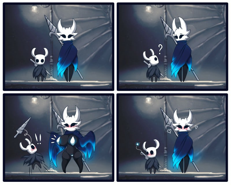 azura inalis, blush, breasts, female, flashing, hollow knight, lampy (azura inalis), protagonist (hollow knight), the knight (hollow knight)