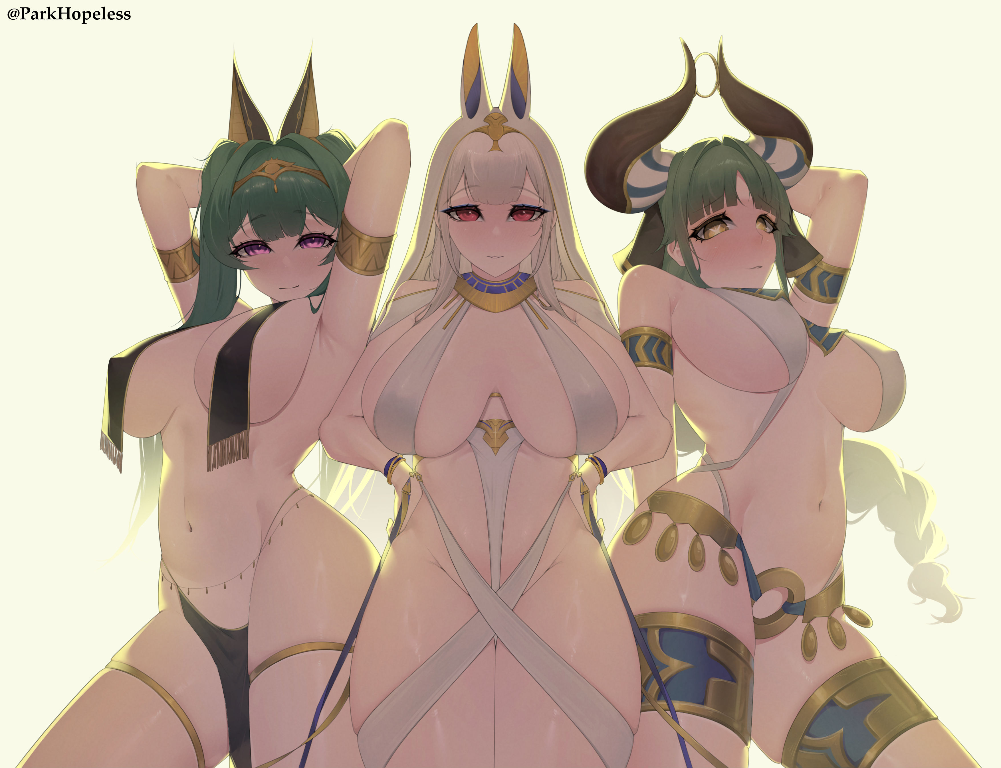 3girls, adult, adult female, almost naked, almost nude, animal ears, armpit, armpit crease, armpit peek, armpits, azur lane, bare armpits, bare arms, bare belly, bare chest, bare hands, bare hips, bare legs, bare midriff, bare navel, bare shoulders, bare skin, bare thighs, belly, belly button, big breasts, blunt bangs, braid, braided hair, braided pigtails, braided twintails, breasts, breasts apart, busty, busty female, character request, closed mouth smile, collarbone, curvaceous, curvaceous body, curvaceous female, curvaceous figure, curvaceous hips, curvaceous thighs, curvy, curvy body, curvy female, curvy figure, curvy hips, curvy thighs, elbows, exposed armpits, exposed arms, exposed belly, exposed chest, exposed hips, exposed legs, exposed midriff, exposed navel, exposed shoulders, exposed skin, exposed thighs, eyebrows visible through hair, female, female focus, female only, fingers, green eyes, green hair, green-eyed female, green-haired female, groin, hairless armpits, hand behind head, high resolution, highres, horn, horns, hourglass figure, huge breasts, large breasts, lean figure, legs closed, legs together, long hair, looking at viewer, mature, mature female, midriff, mostly nude, multiple females, multiple girls, naked, naked female, naked woman, narrow waist, navel, nearly nude, nipple bulge, nipples, nude, nude female, nudity, parkhopeless, plump breasts, posing, posing for the viewer, practically nude, purple eyes, purple-eyed female, red eyes, red-eyed female, scylla (a maid's judgment) (azur lane), scylla (azur lane), seductive, seductive armpits, seductive body, seductive cleavage, seductive female, seductive hips, seductive pose, seductive posing, seductive smile, seductive smirk, seductive thighs, seductive woman, shaved armpits, shoulders, simple background, slender body, slender waist, slim waist, smile, smiley face, smiling, smiling at viewer, smirk, standing, thick thighs, thighband, thighs, twintails, twintails (hairstyle), underboob, upper body, white background, white eyebrows, white hair, white-haired female, wide hips
