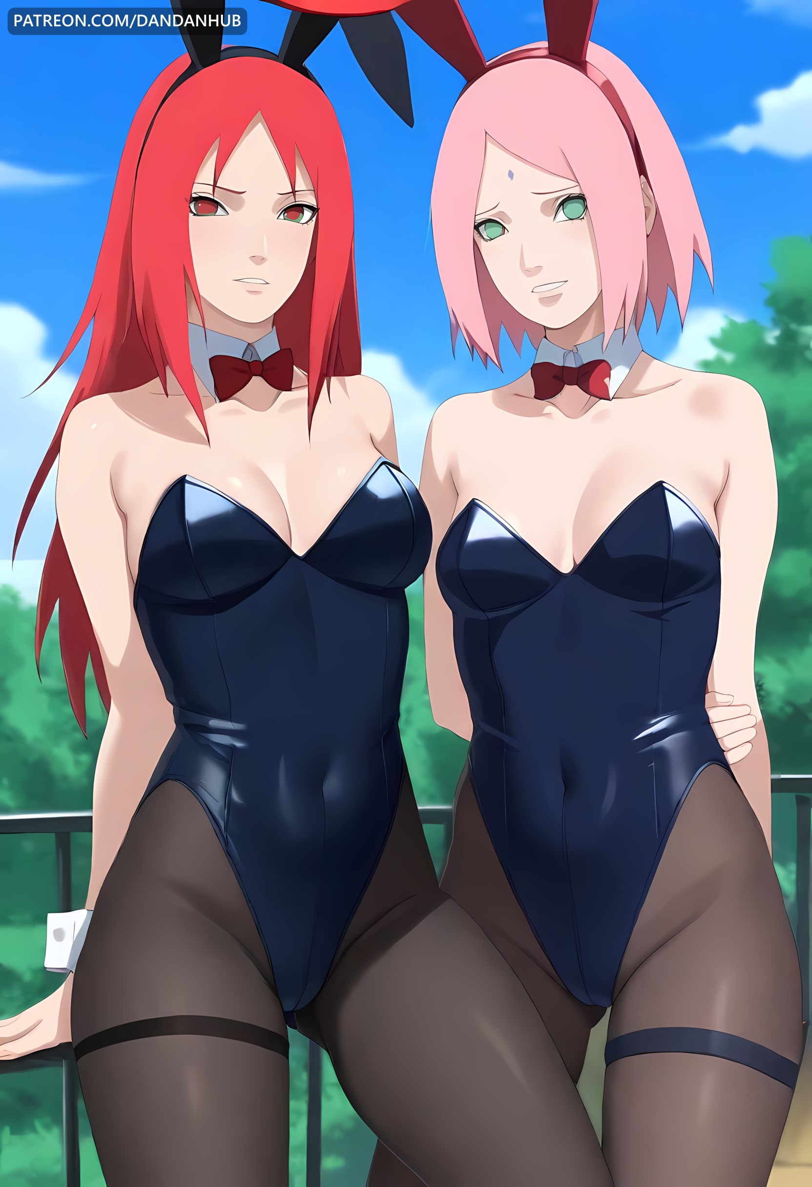 2girls, ai generated, animal ears, arms behind back, ass visible through thighs, bare shoulders, blue sky, boruto: naruto next generations, bow, bowtie, breasts, cleavage, cloud, collarbone, covered navel, dandanhub, day, detached collar, facial mark, fake animal ears, female, female only, forehead mark, green eyes, hairband, highleg, highleg leotard, leotard, long hair, looking at viewer, medium breasts, multiple females, multiple girls, naruto, naruto (series), naruto shippuden, outdoors, pantyhose, parted bangs, parted lips, pink hair, rabbit ears, railing, red bow, red bowtie, red eyes, red hair, sakura haruno, short hair, sky, small breasts, strapless, strapless leotard, thigh gap, thighband pantyhose, uzumaki karin, wrist cuffs