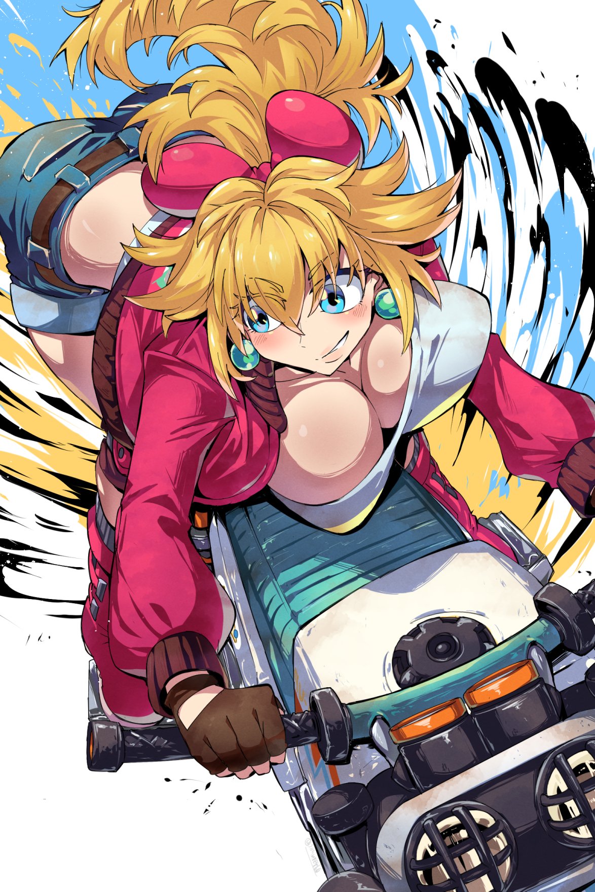 1girls ass belt blonde_hair blue_eyes breasts busty cleavage denim denim_shorts earrings female hairbow huge_breasts jean_shorts large_breasts light-skinned_female light_skin mario_(series) mario_kart mario_kart_world motorcycle nintendo ponytail princess_peach princess_peach_(touring) racing riding_motorcycle shimure_(460) simure460