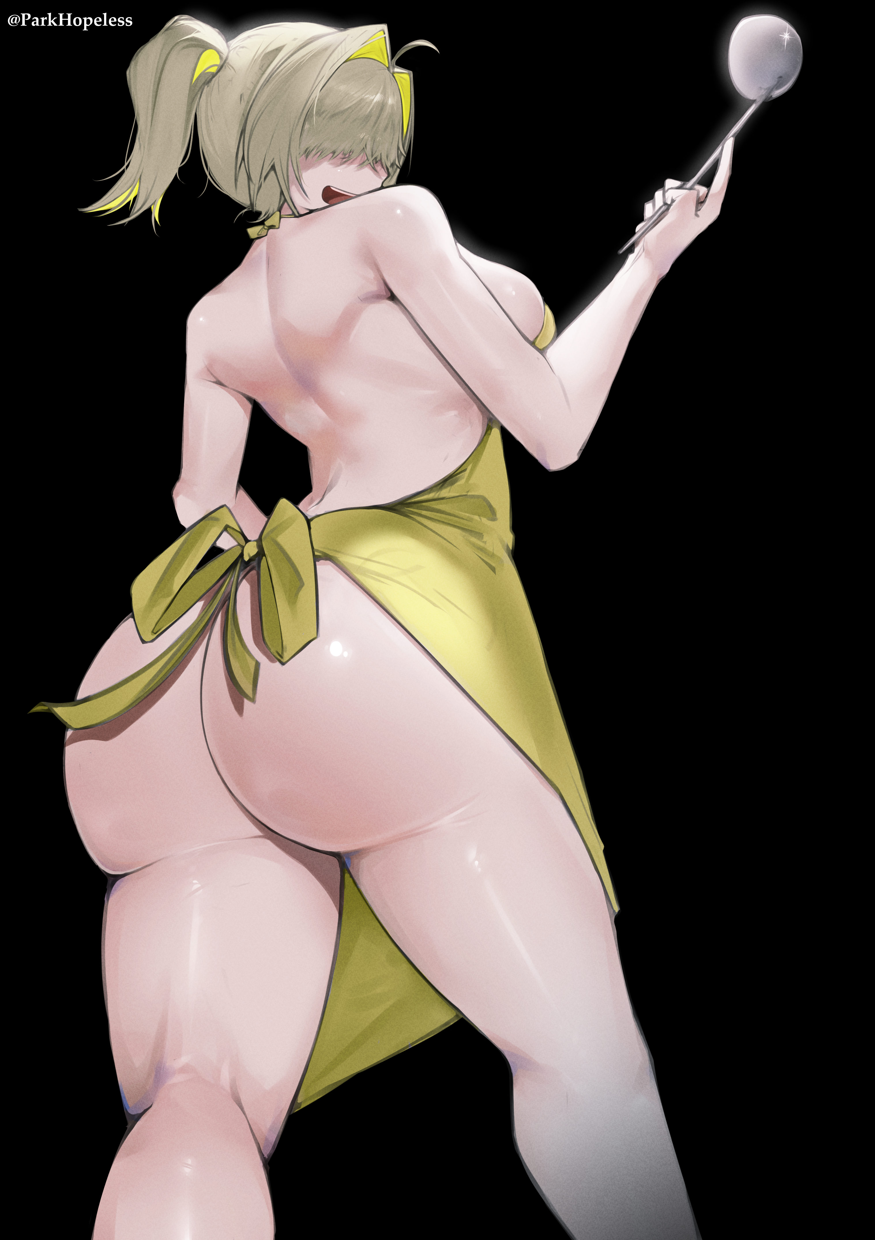 1girls, ahoge, antenna hair, apron, apron only, ass, ass cleavage, ass crack, back, bare ass, bare back, bare butt, bare calves, bare chest, bare hands, bare knees, bare legs, bare shoulders, bare thighs, big breasts, black background, blonde eyebrows, blonde female, blonde hair, blonde-haired female, breasts, bubble butt, busty, busty female, butt crack, curvaceous, curvaceous body, curvaceous female, curvaceous figure, curvaceous hips, curvy, curvy body, curvy female, curvy figure, curvy hips, dark background, elbows, elegg (nikke), exposed arms, exposed ass, exposed back, exposed butt, exposed chest, exposed legs, exposed shoulders, exposed skin, exposed thighs, female, female focus, female only, fingers, goddess of victory: nikke, hair covering eye, hair covering eyes, half naked, half nude, high resolution, highres, hourglass figure, huge breasts, large breasts, lean figure, long hair, looking at viewer, naked, naked female, naked woman, narrow waist, nude, nude female, nudity, open mouth, open mouth smile, parkhopeless, parted lips, plump breasts, ponytail, semi nude, short ponytail, shoulders, sideboob, simple background, slender body, slender waist, slim waist, solo, standing, thick thighs, thighs, tongue, upper body, upper teeth, wide hips