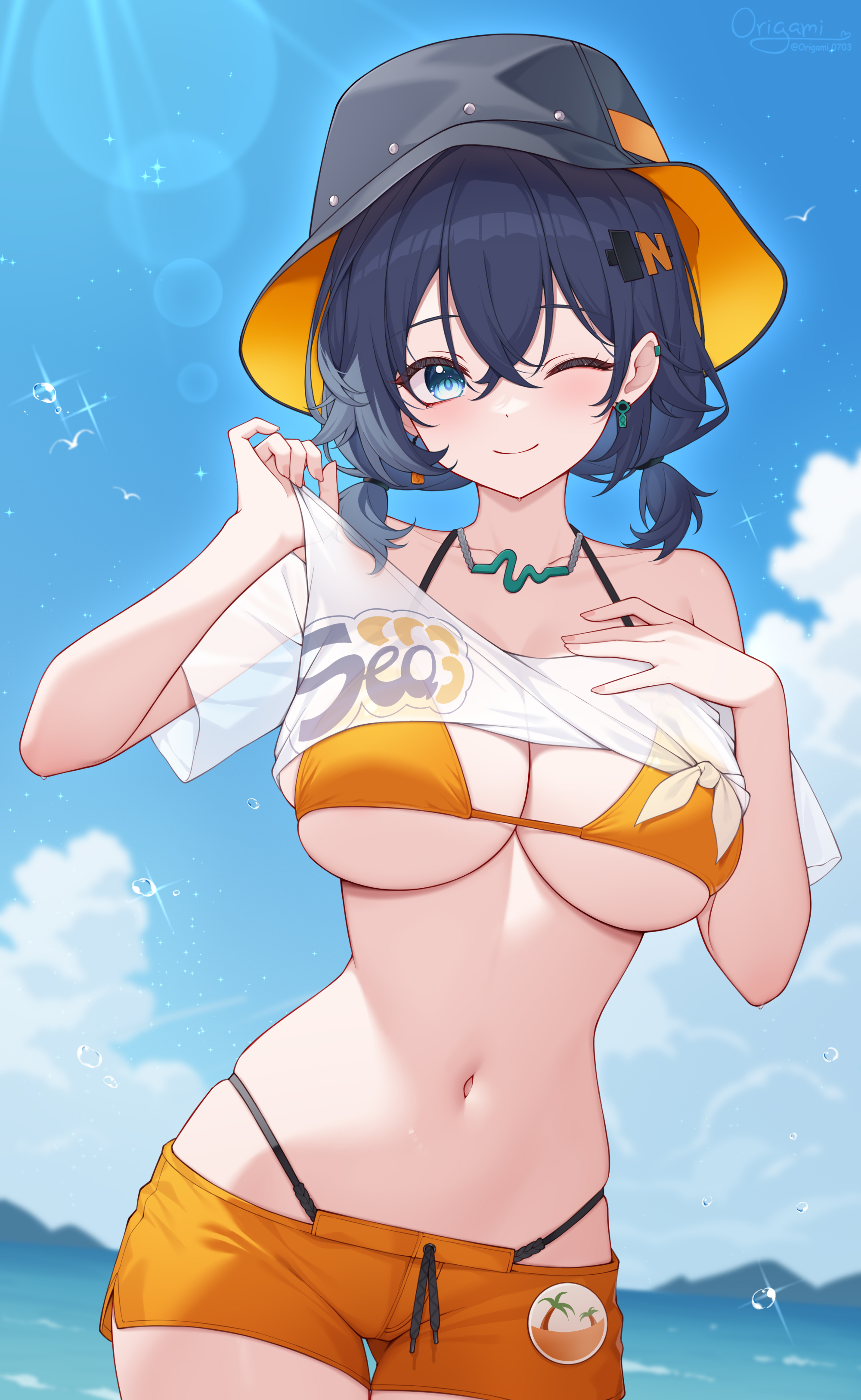 1girls, absurdres, alternate breast size, alternate costume, belle (summer skies) (zenless zone zero), belle (zenless zone zero), big breasts, bikini, black hat, blue hair, blue sky, breasts, bucket hat, clothes lift, cloud, day, female, female focus, female only, green eyes, hair ornament, hat, highres, jewelry, large breasts, letter hair ornament, looking at viewer, navel, necklace, ocean, official alternate costume, one eye closed, orange bikini, orange shorts, origami (poinia), shirt, shirt lift, shorts, sky, smile, solo, stomach, swimsuit, thigh gap, white shirt, zenless zone zero