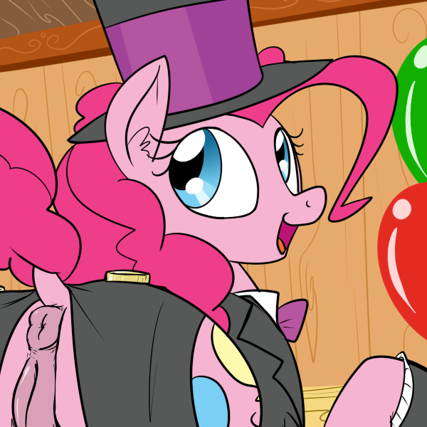 anus balloons blue_eyes bow_tie female friendship_is_magic hair hat my_little_pony pink_hair pinkie_pie_(mlp) pussy reiduran smile solo straight_hair suit tailcoat top_hat tuxedo