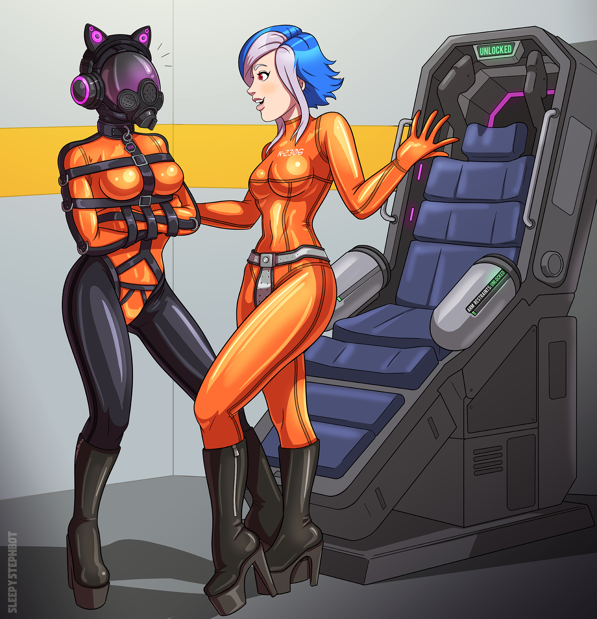 2girls, blue hair, bondage, bound, chastity belt, chastity device, collar, collar tag, female, female chastity, female only, femsub, gas mask, gloves, high heels, latex, latex clothing, latex gloves, mask, multicolored hair, orange clothing, platform heels, red eyes, rubber, rubber clothing, shiny clothes, sleepystephbot, straitjacket, tight clothing, zipper, zipper pull tab