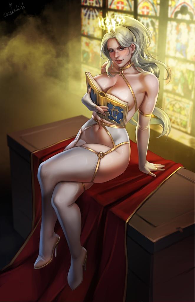 1girls, big breasts, blizzard entertainment, book, breasts, cozshedead, female, female only, high heels, human, human (world of warcraft), light skin, light-skinned female, lingerie, original character, ouch meme, pinup, roleplay character, solo, stockings, valencia whitmore, voluptuous, voluptuous female, warcraft, white hair, world of warcraft
