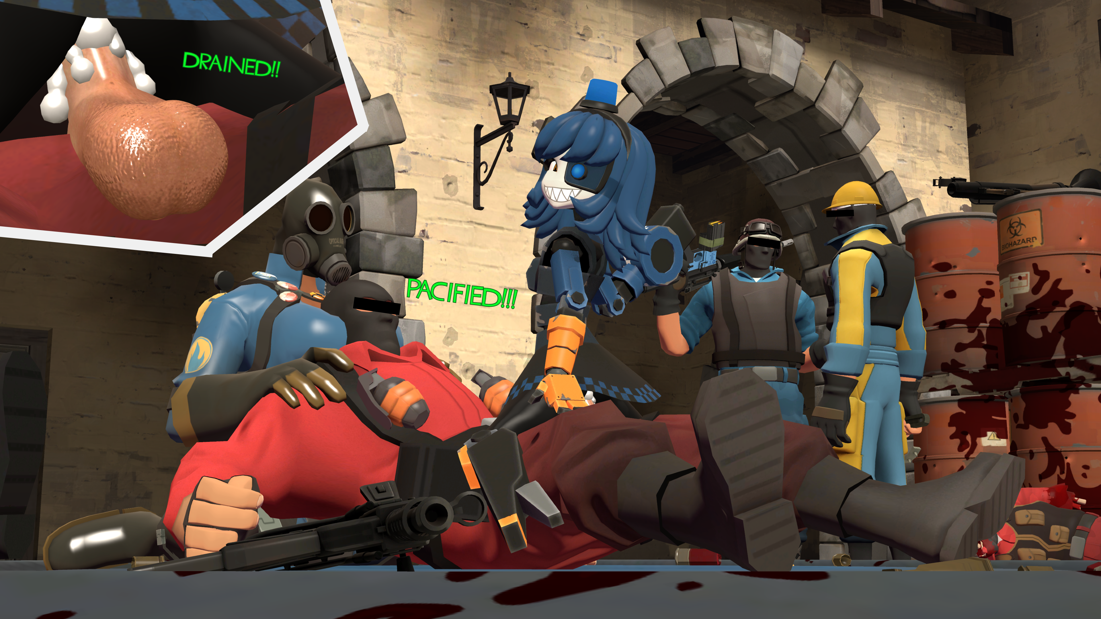 1boy, 2girls, 3d, after battle, background death, black bars, breasts, bullet casings, close-up, creampie, cum, cum in pussy, death, eyes covered, female, fempyro, garry's mod, grin, guro, head on breasts, looking behind, male, male death, mimi sentry, pussy, pyro (team fortress 2), reverse rape, robot, robot girl, sentry (team fortress 2), shotgun shells, straight, team fortress 2, weapons