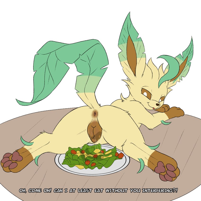 1:1, absurd res, animal genitalia, animal vulva, anus, ass, bodily fluids, brown vulva, canid, canine, canine genitalia, canine pussy, canine vulva, digital media (artwork), eeveelution, feet, female, feral, food, fur, generation 4 pokemon, genital fluids, genitals, hair, hi res, leafeon, looking at viewer, lying, mammal, nintendo, on front, paws, pokemon, pokemon (species), presenting, presenting hindquarters, pussy, raised tail, salad, simple background, sketch, soles, solo, tail, text, toes, tongue, vaginal fluids, vaginal fluids on food, vaginal fluids on object, vulva, whyvern