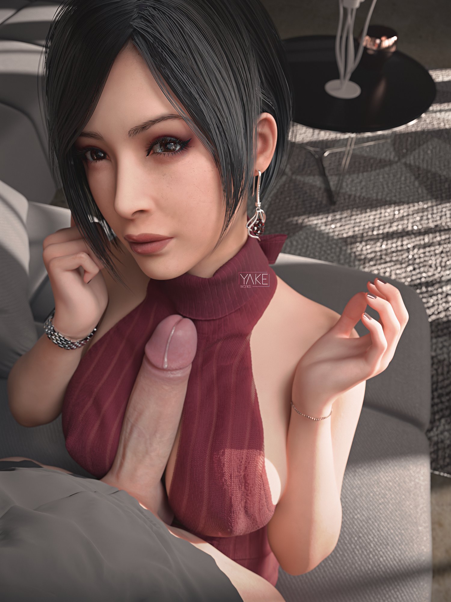 1boy, 1girls, 3d, ada wong, ada wong (adriana), artist name, big breasts, black hair, black nail polish, black nails, bob cut, bottomless, bottomless male, bracelet, brown eyes, cleavage cutout, cleavage window, clothed, clothed female, detailed background, ear piercing, earrings, eyeliner, female, hetero, jewelry, light skin, light-skinned female, light-skinned male, lipstick, makeup, male, male/female, mascara, nail polish, nails painted, nipple bulge, nipples visible through clothing, painted fingernails, painted nails, paizuri, partially clothed, partially clothed male, penis between breasts, precum, precum drip, precum on penis, pushing breasts together, resident evil, resident evil 2, resident evil 2 remake, resident evil 4, resident evil 4 remake, short hair, straight, sweater, watch, watermark, yakenaris