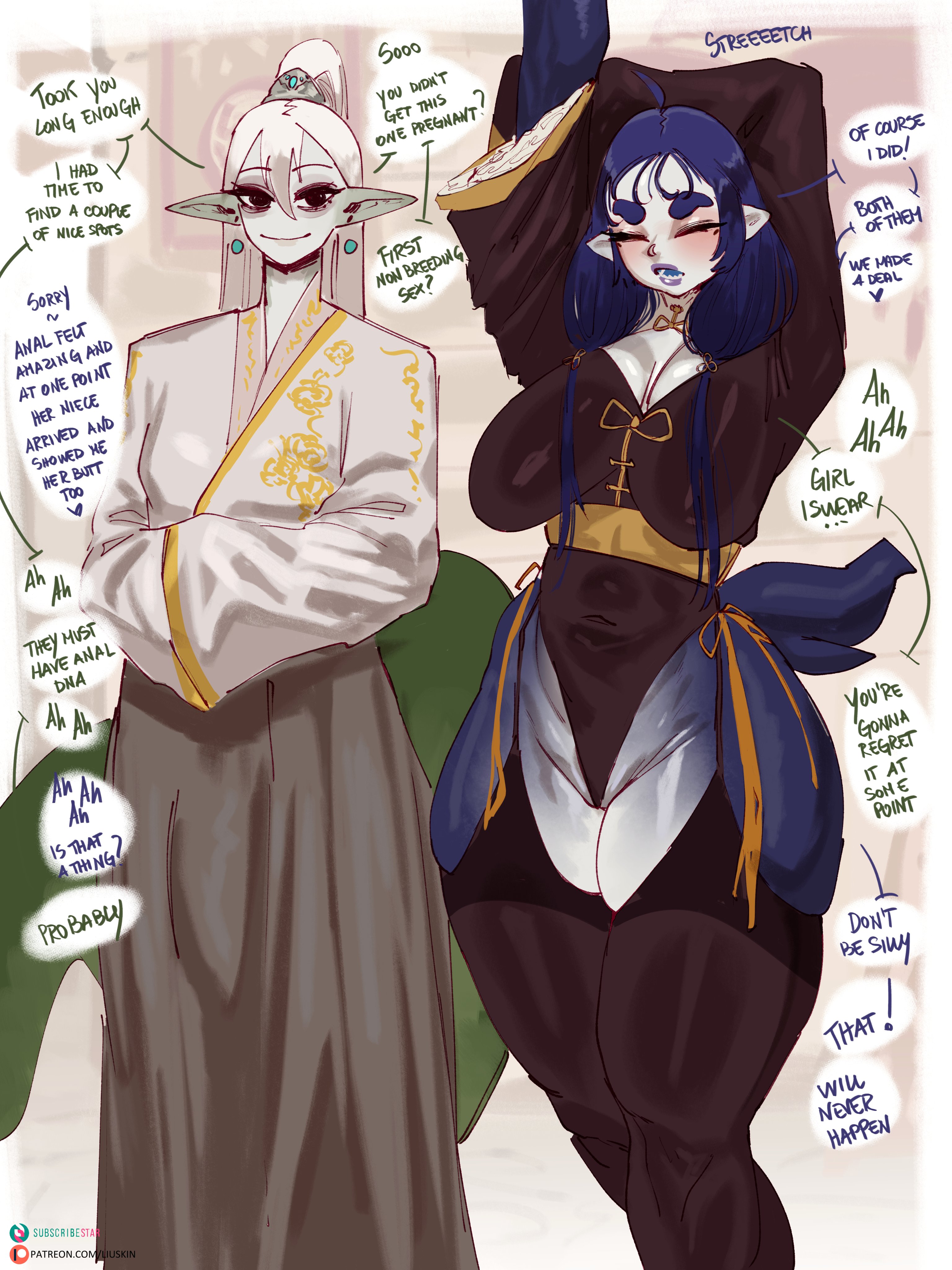 anal, blue hair, comic, dialogue, fully clothed, futanari, kisa (liuskin), liuskin, long ears, pale skin, ponytail, tagme, tagme (character), white hair