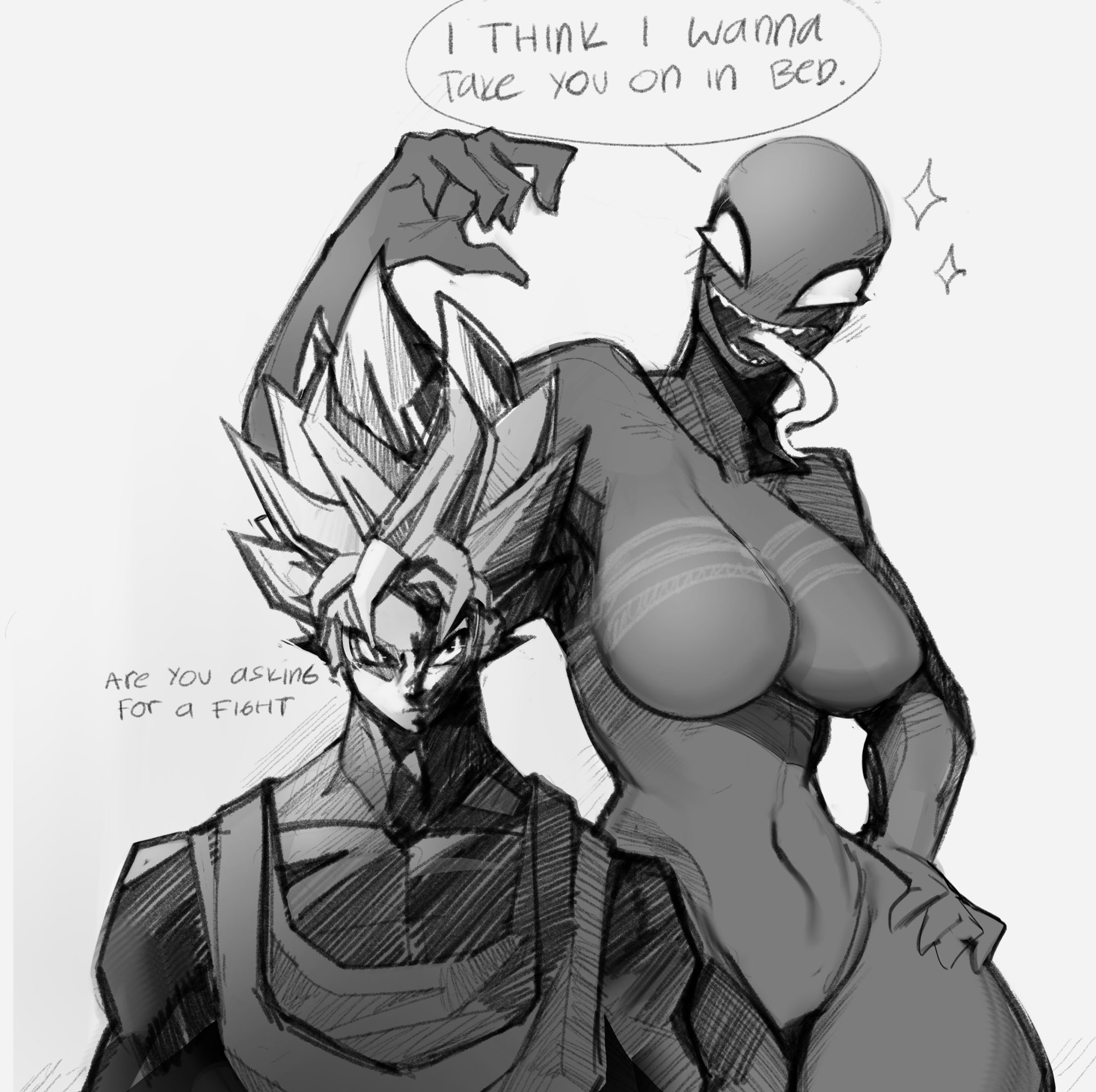 crossover, dialogue, dragon ball, female, male, marvel, she-venom, son goku, spl4ts, symbiote, tagme, venom (marvel)