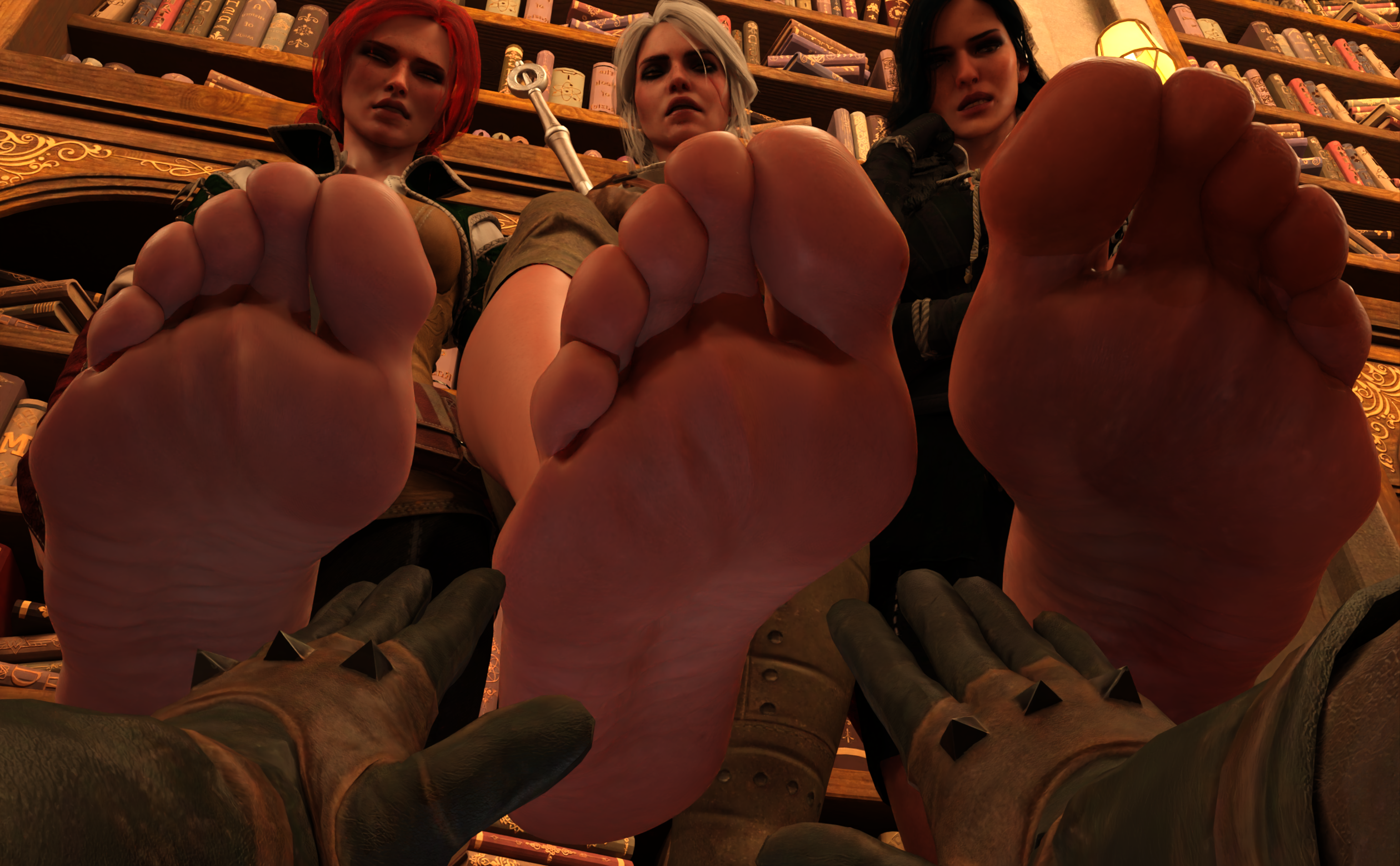 3d, 3girls, ariasor, black hair, cd projekt red, ciri, dominant female, feet, feet fetish, feet focus, female, foot fetish, freckles, geralt of rivia, green eyes, light skin, light-skinned female, light-skinned male, looking at viewer, low-angle view, male, mascara, purple eyes, red hair, scar, the witcher (series), the witcher 3: wild hunt, triss merigold, white hair, yennefer