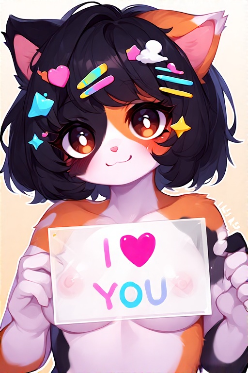 anthro anthro_cat breasts cat_ears catgirl happy sign text topless