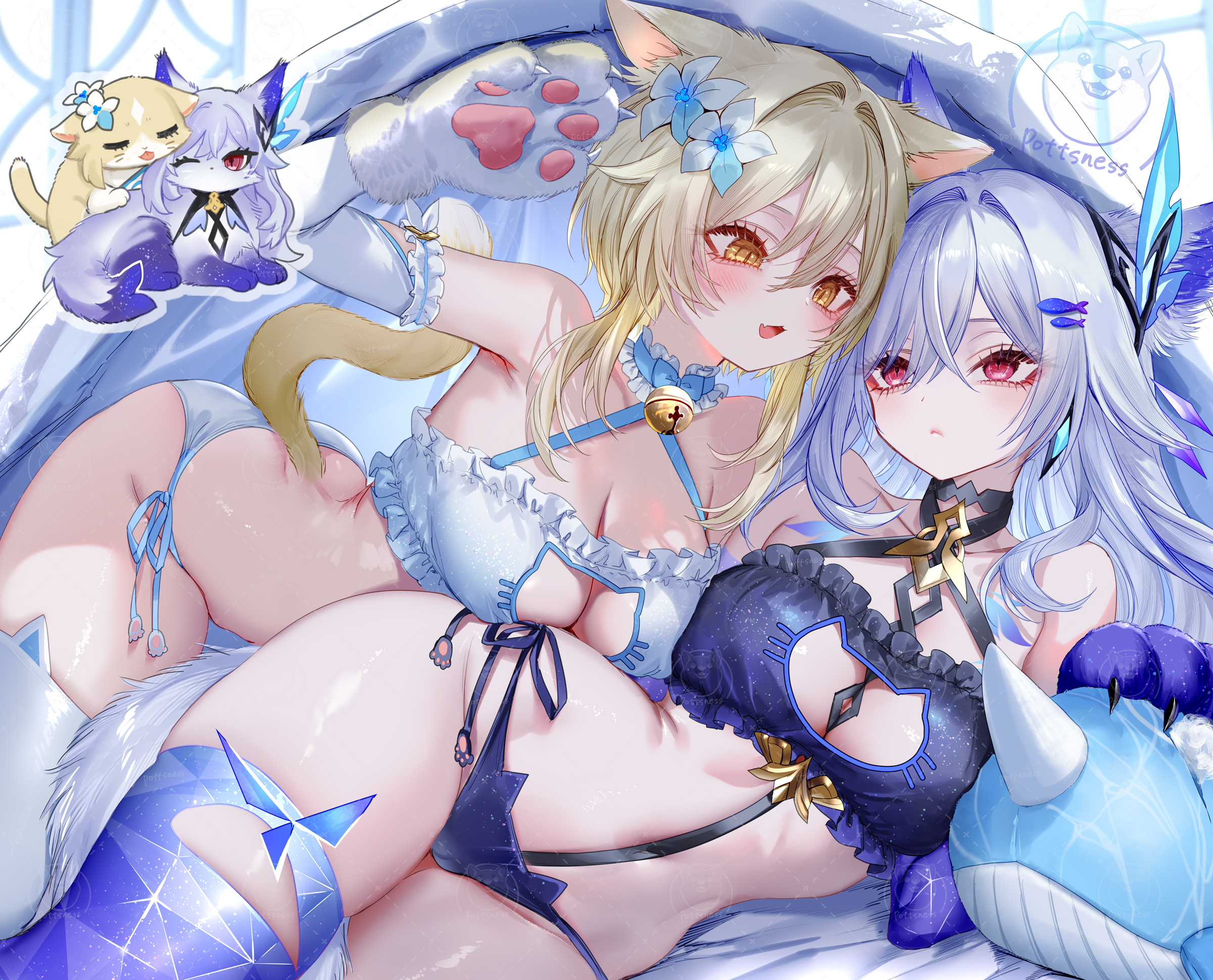 2girls, animal ears, blush, breasts, cat ears, female, female focus, female only, genshin impact, hoyoverse, large breasts, light skin, light-skinned female, lumine (genshin impact), mihoyo, pottsness, skirk (genshin impact), thick thighs, thighhighs, thighs, wide hips, yuri