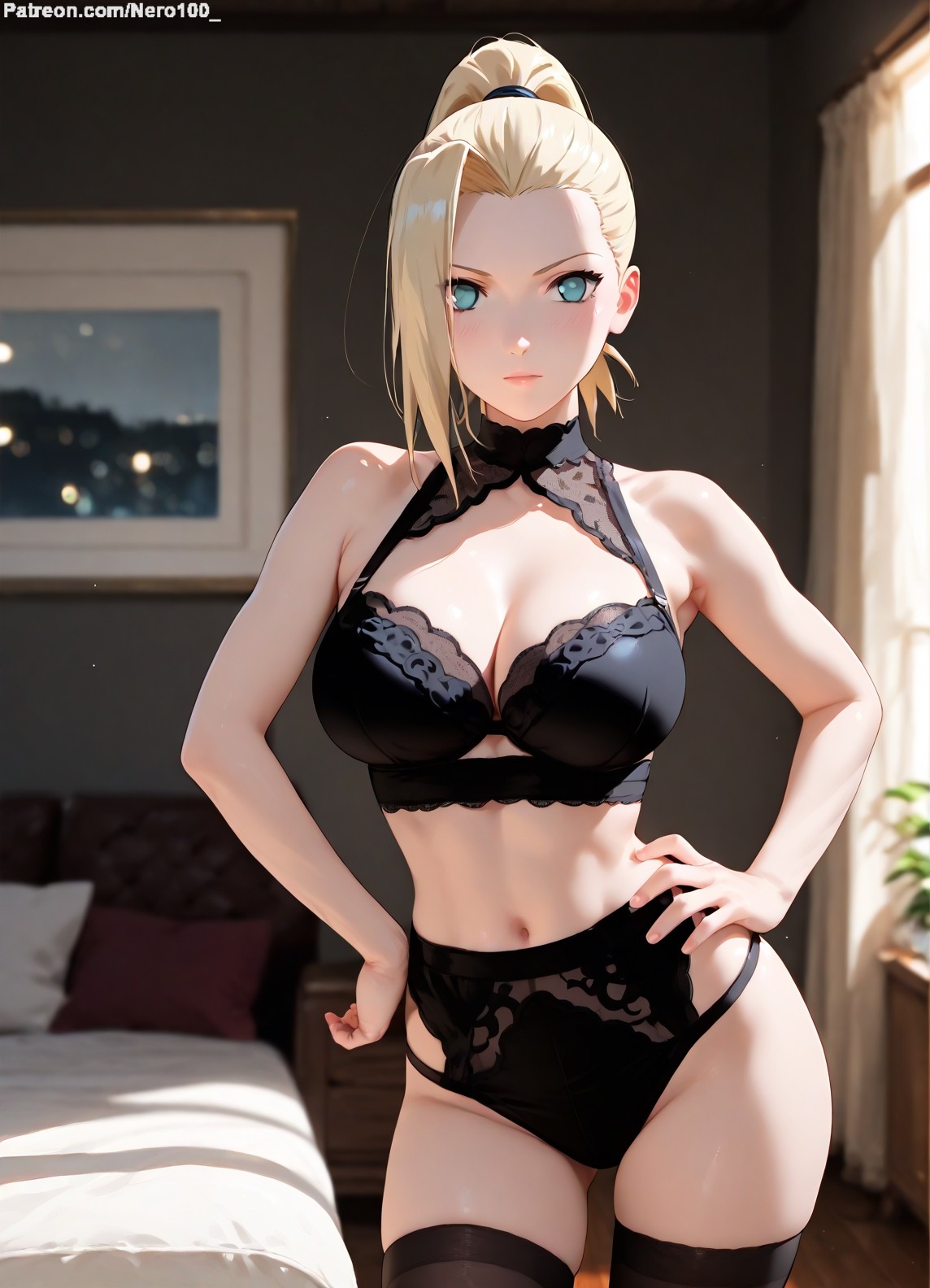 1girls, 2d, ai generated, areolae, big breasts, blonde female, blonde hair, boruto: naruto next generations, bra, breasts, chest, curvy, curvy figure, cute, cute face, detailed, eyelashes, eyeshadow, female, female only, fit, fit female, focus, hair, high quality, ino yamanaka, large breasts, legs, light skin, light-skinned female, lingerie, lips, lipstick, long hair, makeup, mascara, naruto, naruto (series), naruto shippuden, pale skin, pale-skinned female, panties, perky breasts, ponytail, posing, seductive, seductive look, sexy clothing, stable diffusion, tagme, thighs, thin waist