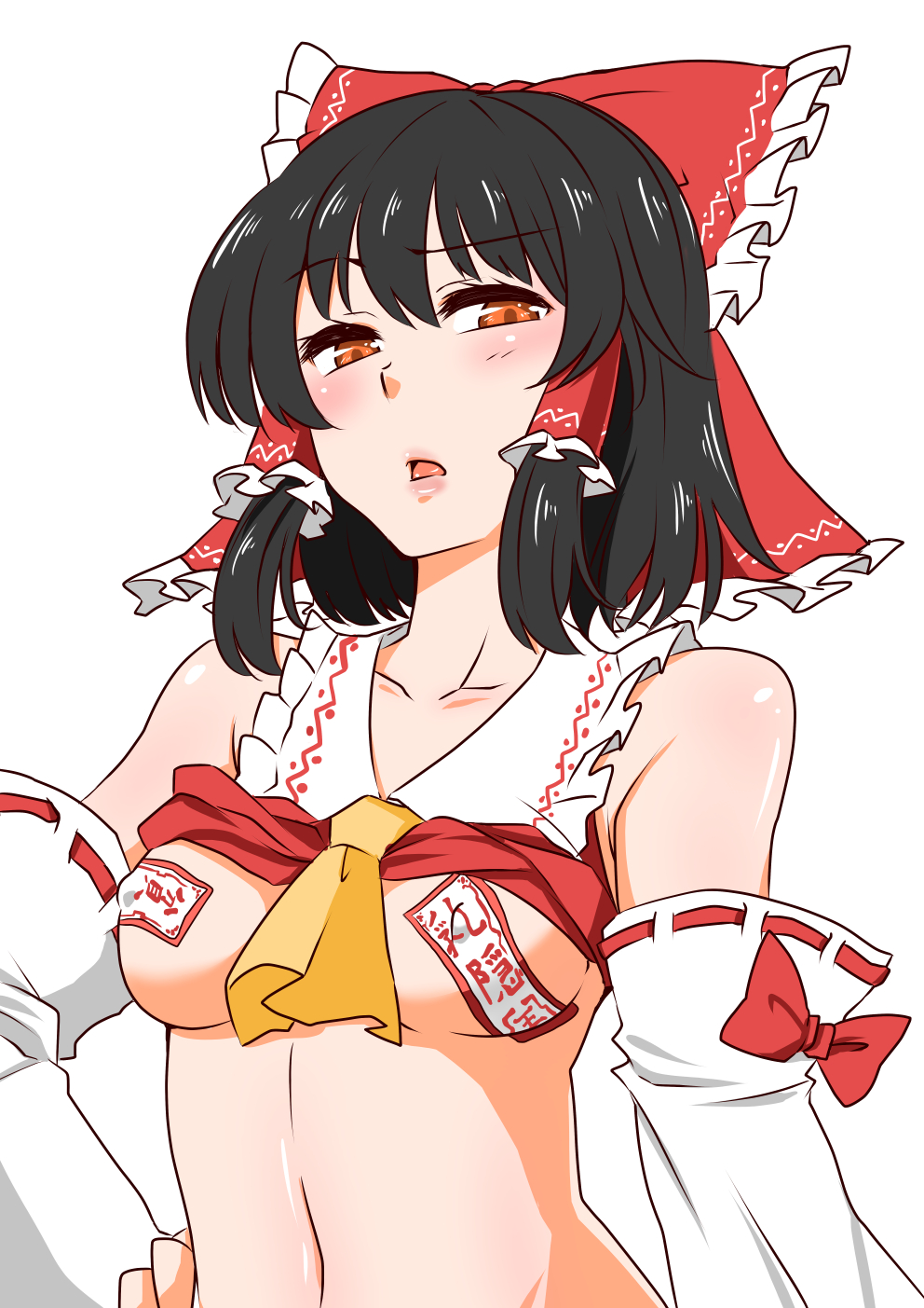 black_hair blush bow breasts detached_sleeves erect_nipples erect_nipples_under_clothes female hair_tubes hand_on_hip high_resolution long_sleeves looking_at_viewer medium_breasts medium_hair nipples ofuda orange_eyes parted_lips pasties red_bow reimu_hakurei shiraue_yuu simple_background solo touhou upper_body white_background