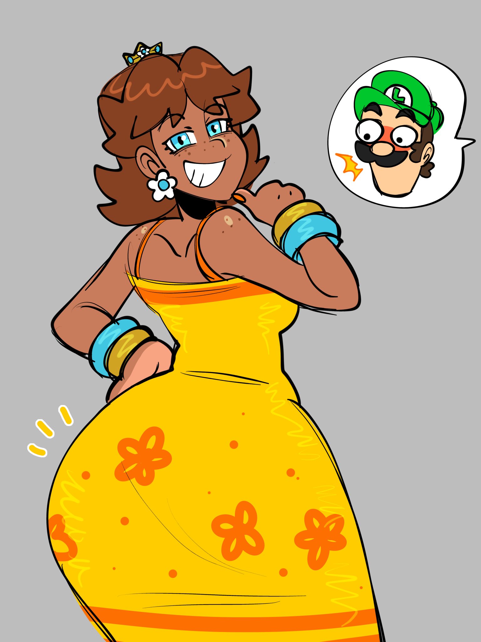 1boy, 1girls, ass, big ass, blue eyes, blush, bracelet, brown hair, chunky, clothing, crown, dress, duo, earrings, enormous ass, facial hair, fat ass, female, freckles, freckles on face, gigantic ass, green hat, hand on hip, hat, huge ass, jamcassette, jammedvhs, large ass, looking back, looking back at viewer, luigi, male, mario (series), massive ass, mature, mature female, mature male, nintendo, orange dress, princess, princess daisy, royalty, simple background, smile, smiling, smiling at viewer, tan skin, tan-skinned female, thick ass, voluptuous, voluptuous female, wide hips