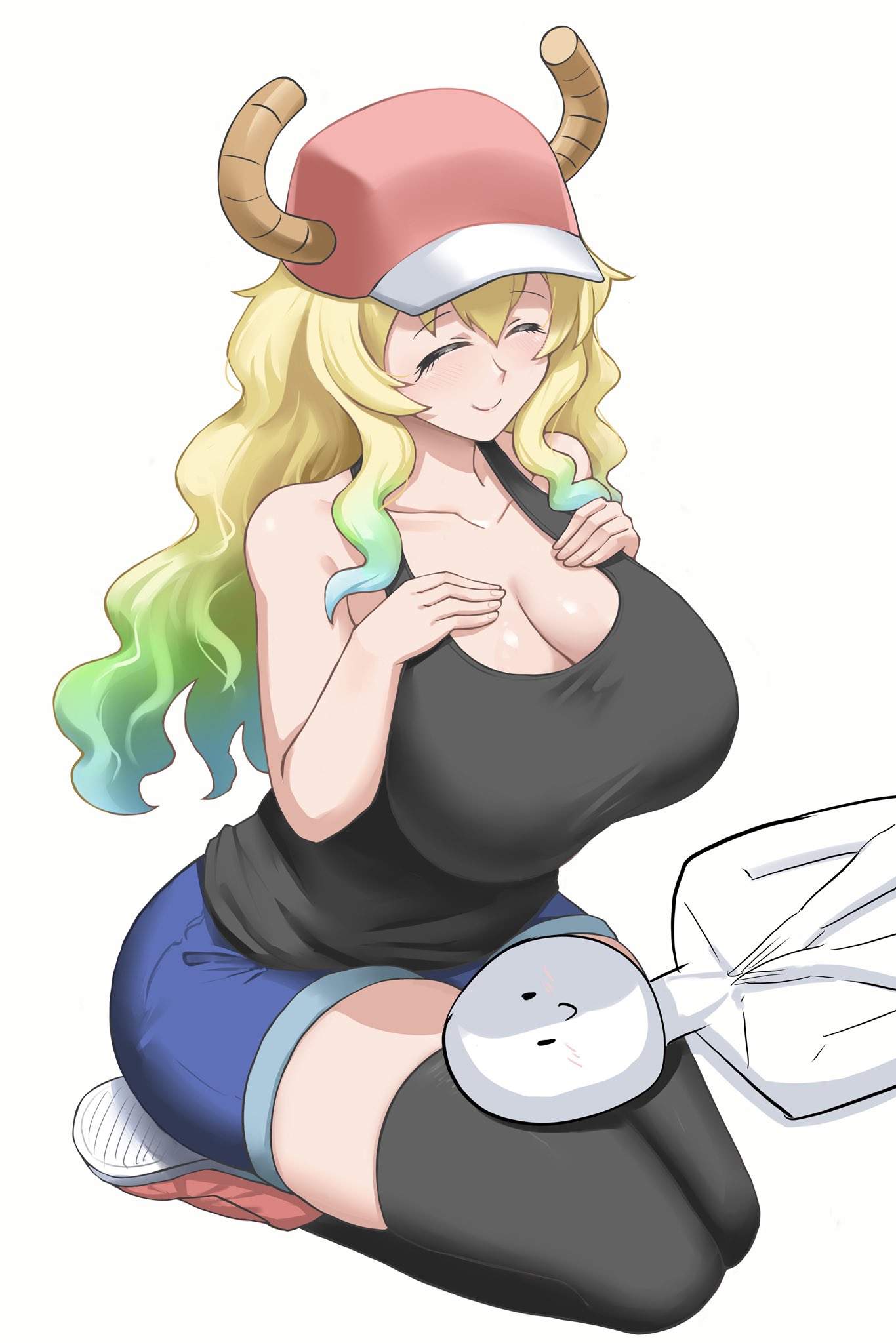 1girls anonymous_male baseball_cap blonde_hair blue_highlights burnt_green_tea busty cleavage closed_eyes green_highlights head_on_thighs horns huge_breasts jean_shorts lucoa lucoa_(maidragon) miss_kobayashi's_dragon_maid quetzalcoatl_(dragon_maid) thick thick_thighs thigh_pillow thighhighs thighs white_background