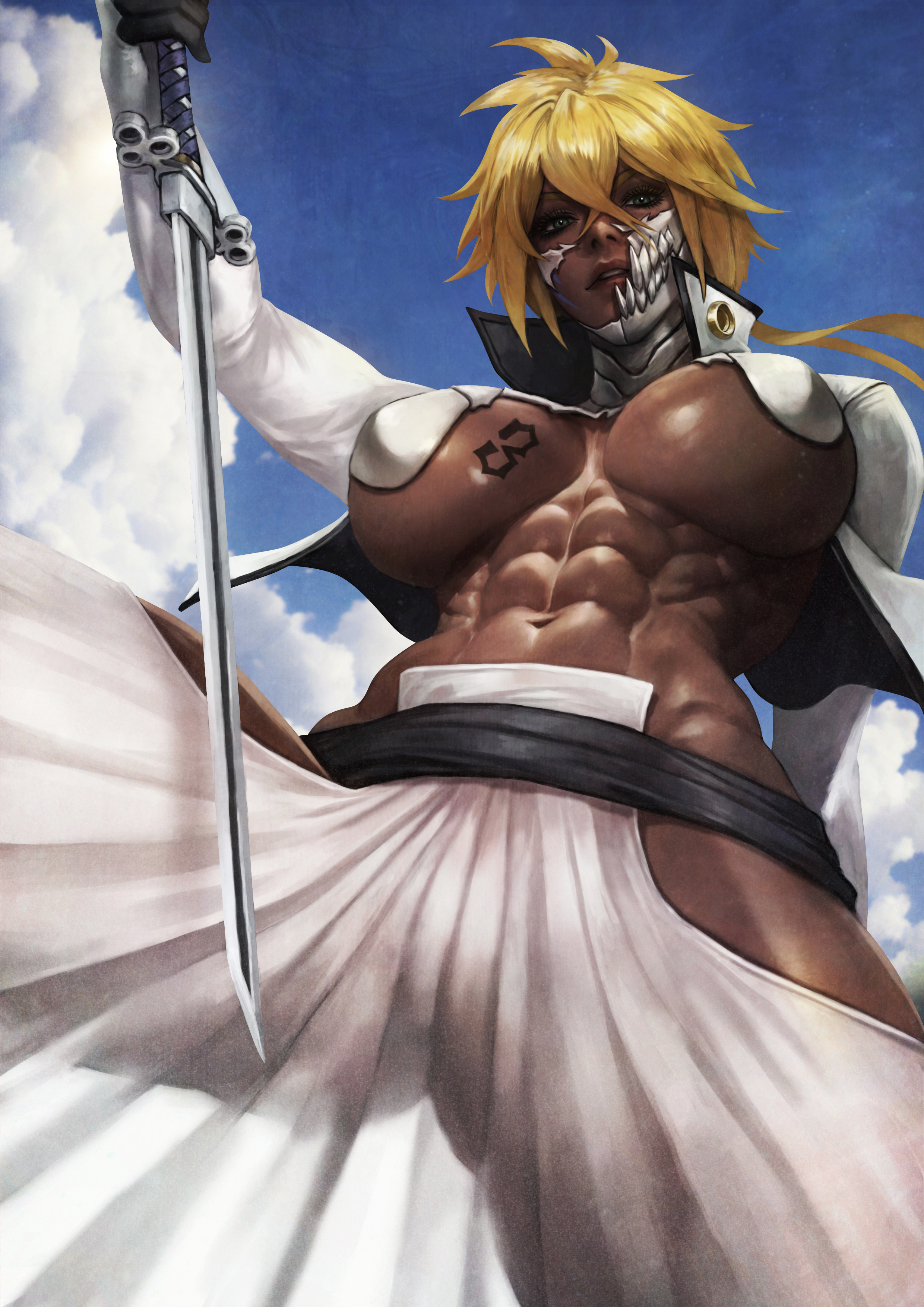 1girls, absurdres, big breasts, bleach, blonde, blonde female, blonde hair, blonde-haired female, breasts, dark skin, dark-skinned female, female, female only, green eyes, looking, looking at viewer, looking down, looking down at viewer, monorirogue, muscular, muscular female, short hair, solo, solo female, sword, tattoo, tattoo on breast, tattoo on chest, tia harribel, tier harribel, underboob, viewed from below