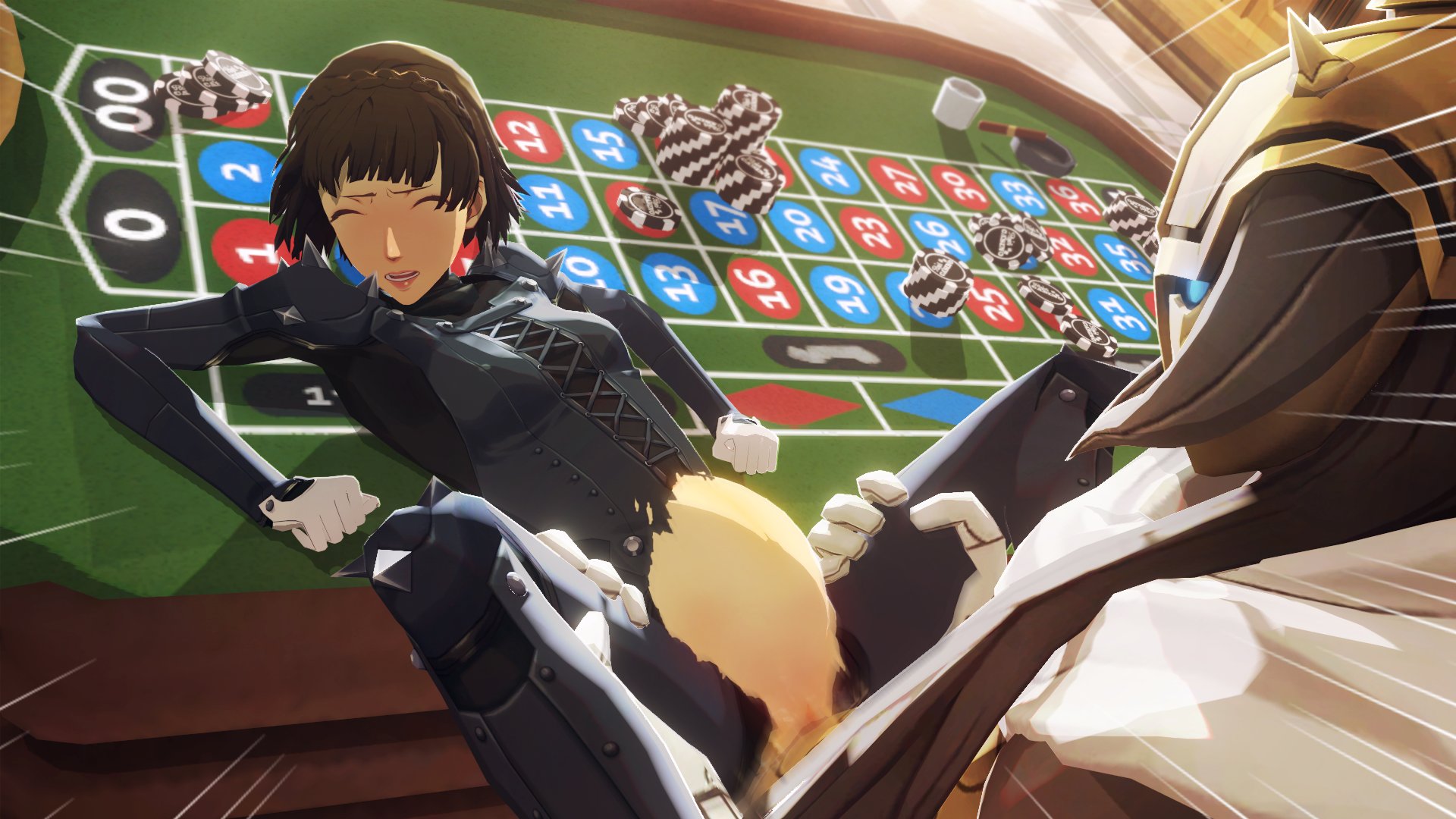 1boy, 1girls, 3d, atlus, bodysuit, brown hair, clothed sex, clothing, cum inflation, cumflation, dark skin, dark-skinned male, defeated, defeated heroine, female, female focus, forced, gritted teeth, human, inflation, larger male, light skin, light-skinned female, makoto niijima, makoto niijima (queen), male, male/female, motion lines, persona, persona 5, persona 5 royal, phantom thief suit, pussy, rape, red eyes, sex, shadow (persona), short hair, smaller female, stomach bulge, struggling, thor (megami tensei), torn bodysuit, torn clothes, uriziel38, vaginal penetration, vaginal sex