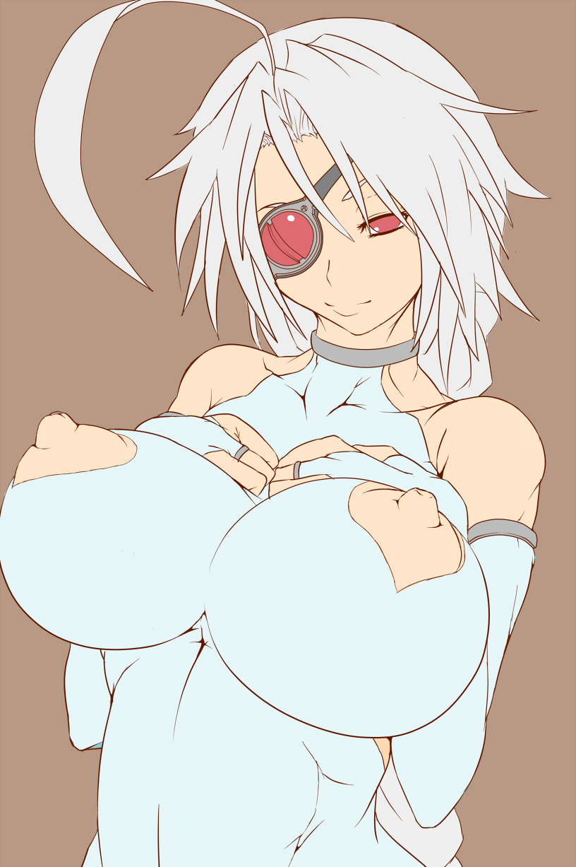 ahoge blazblue bodysuit breasts eye_patch high_resolution huge_breasts nipples nontan_(nontanexx) nu-13 red_eyes silver_hair