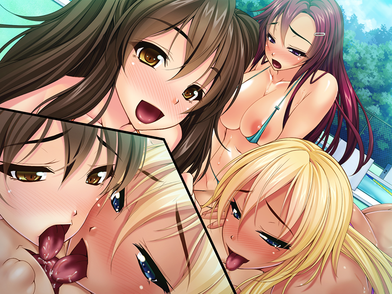 1boy 3girls bikini breasts clothed_male_nude_female female harem ishii_akira kissing kyokon_de_namahameou_ni_nareru_gakuen_joshi_gakusei_minna_haramase_niku_onaho_resu!_itsu_de_mo_doko_de_mo_seishisama_wo_haisetsu_shite_ranshi_kuppuku_sasete_kurashai large_breasts miel_(company) multiple_girls nipples vaginal_penetration