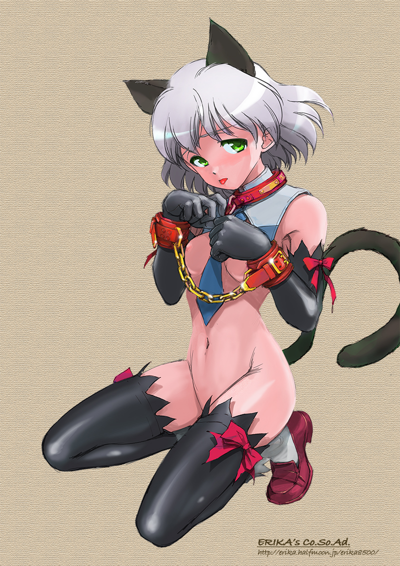 animal_ears artist_request bondage bottomless breasts cat_ears chains clothing collar cuffs female gloves green_eyes grey_hair handcuffs navel nipples sanya_v_litvyak short_hair small_breasts solo stockings strike_witches tail thighhighs