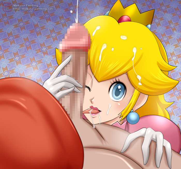 blonde_hair blue_eyes censored crown cum cum_in_hair elbow_gloves faceless_male facial gloves licking mario mario_(series) mokusa nintendo penis princess_peach