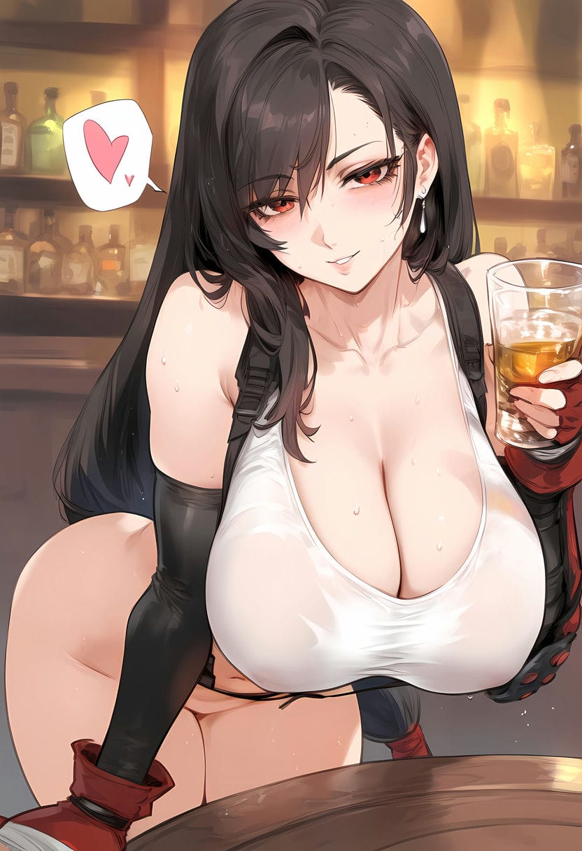 ai_generated alcoholic_drink big_breasts cleavage drunk_female offering_drink tifa_lockhart