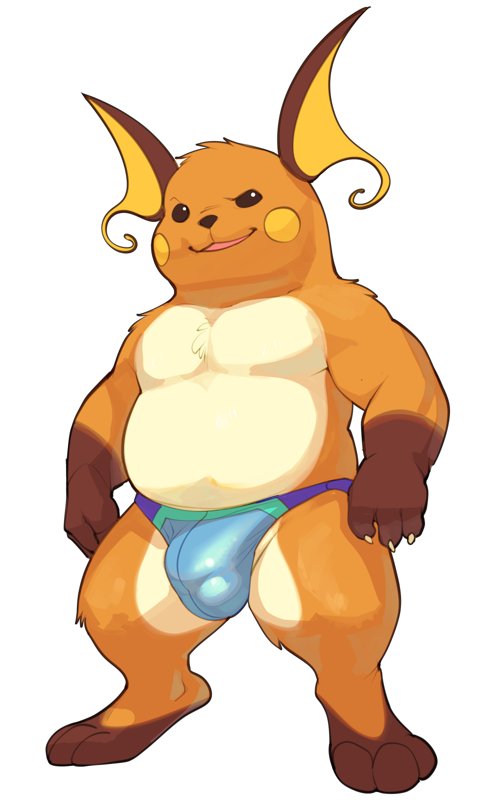 2024 3_toes 4_fingers anthro anthro_only anthrofied balls_outline biped black_nose black_sclera blue_clothing blue_thong blue_underwear bristol brown_body brown_fur bulge clothed clothing detailed_bulge digitigrade feet fingers front_view fur generation_1_pokemon genital_outline hi_res male male_only multicolored_body multicolored_fur nintendo open_mouth orange_body orange_fur pantsless_anthro pantsless_male pokemon pokemon_(species) raichu simple_background solo standing tan_body tan_fur thong thong_only toes tongue topless topless_anthro topless_male two_tone_body two_tone_fur underwear underwear_only white_background white_eyes