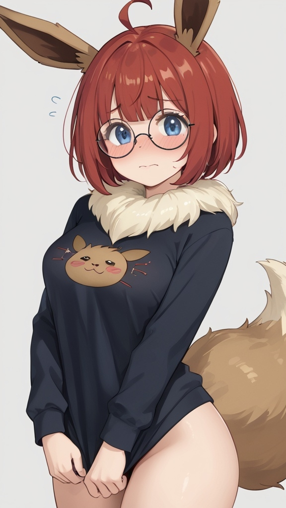 ai_generated blue_eyes blush cosplay eevee_(cosplay) embarrassed fluffy_tail fox_tail glasses penny_(pokemon) red_hair