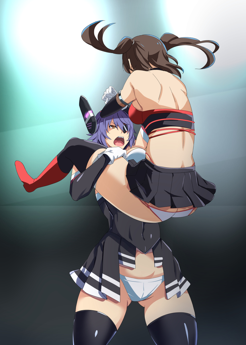 2girls catfight highres kantai_collection moroheiya_(moroheiya-works) multiple_girls sendai_(kantai_collection) tagme tenryuu_(kantai_collection) wrestling_outfit wrestling_ring