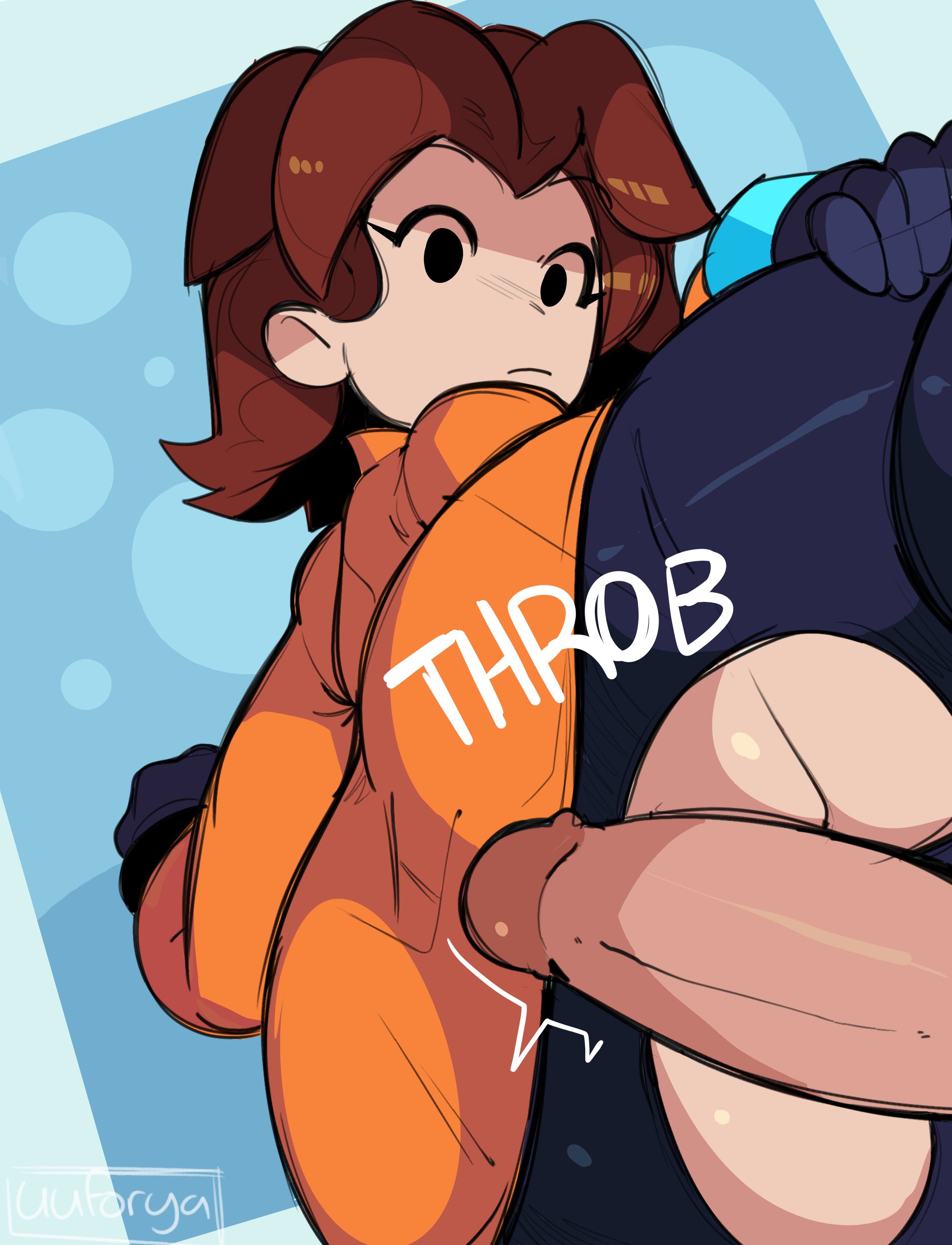 1boy, 1girls, 2d, big penis, black pants, blue background, brown hair, color, female, gloves, hand on thigh, hole in pants, human, human female, human male, human only, light skin, light-skinned female, light-skinned male, looking down, low-angle view, male, male/female, mii, mii gunner, mii gunner (smash 4), mob face, motion lines, nintendo, no penetration, onomatopoeia, orange shirt, penis, penis on ass, shaded, shiny pants, super smash bros., super smash bros. for nintendo 3ds and wii u, throbbing penis, twitter link, unseen face, unseen male face, uuforya, watermark