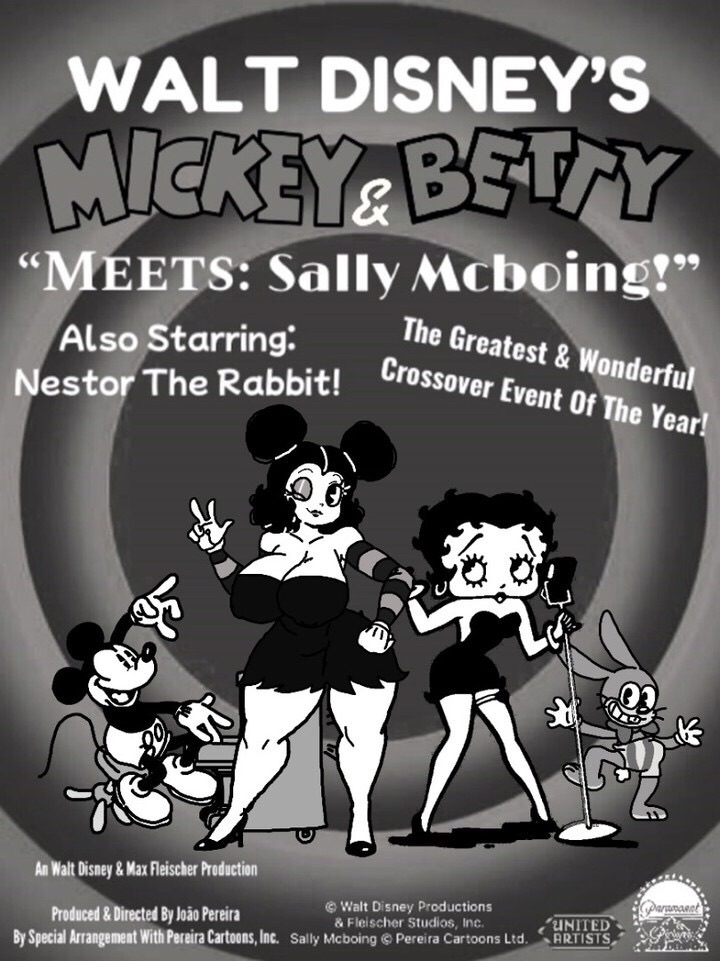 2girls betty_boop blazejohnson28 crossover disney fleischer_studios joaoppereiraus mickey_mouse nestor_the_rabbit public_domain sally_mcboing