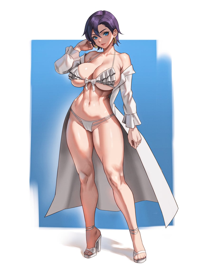 bikini blue_eyes cameltoe fit_female high_heels large_breasts light-skinned_female seventeencrows short_hair thick_thighs wide_hips