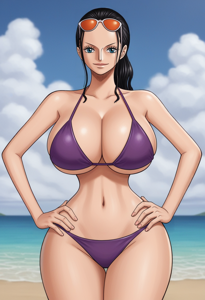 1girls ai_generated ambrose beach bikini black_hair blue_eyes female female_only huge_breasts narrow_waist nico_robin one_piece ponytail self_upload solo stable_diffusion thick_thighs tied_hair wide_hips