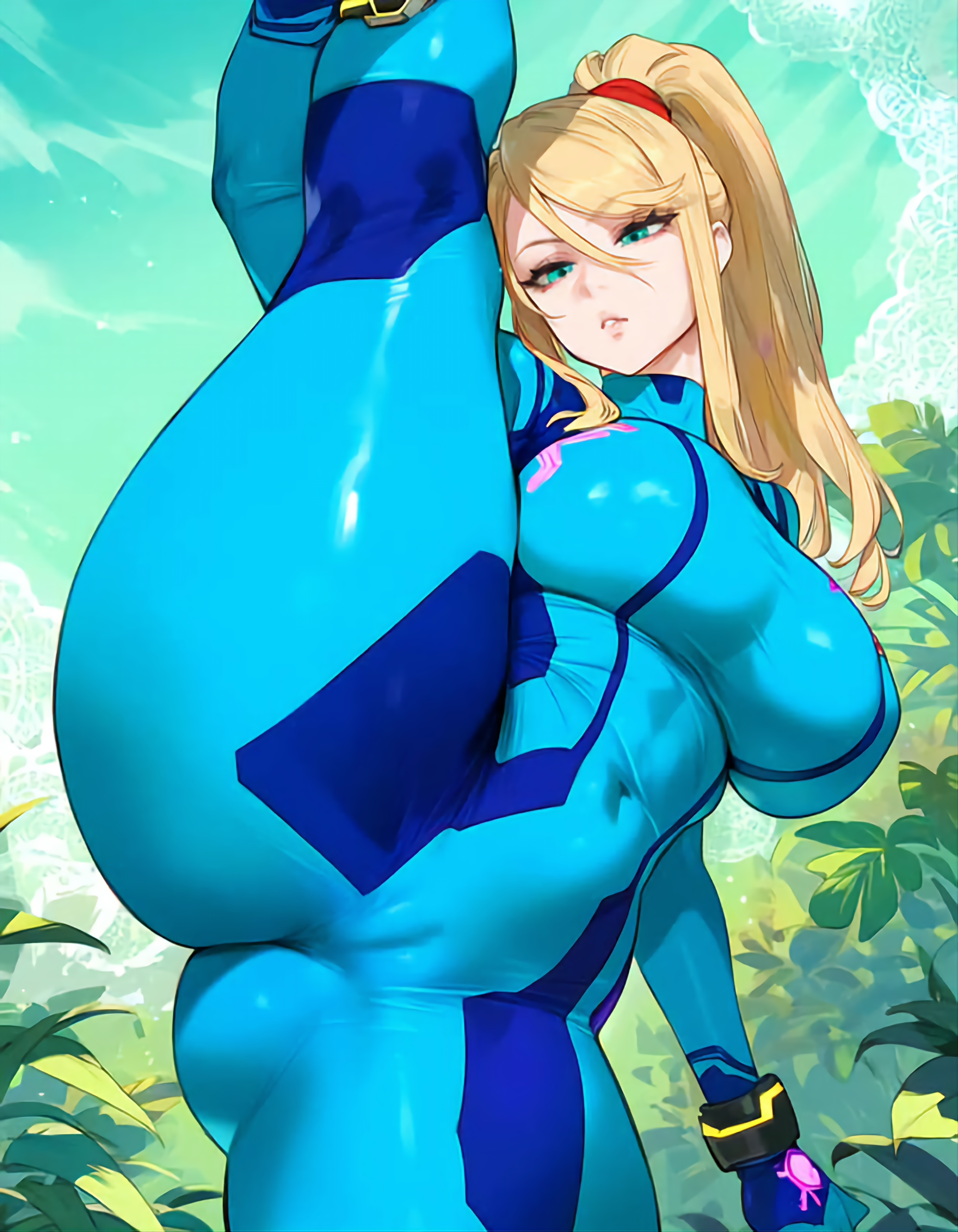 1girls, ai generated, ass, bimbo, blonde hair, curvy, curvy figure, female, female focus, female only, fully clothed, green eyes, light skin, light-skinned female, lucyla, metroid, samus aran, solo, thick ass, tight clothing, voluptuous