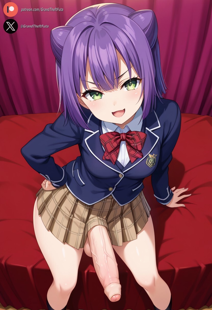 1futa ai_generated akanegakubo_momo balls bedroom big_penis blush cock dickgirl erection foreskin futa_only futanari green_eyes high-angle_view huge_cock indoors light-skinned_futanari light_skin looking_at_viewer penis precum purple_hair roxygtf school_uniform schoolgirl shokugeki_no_souma short_hair small_breasts smug solo standing