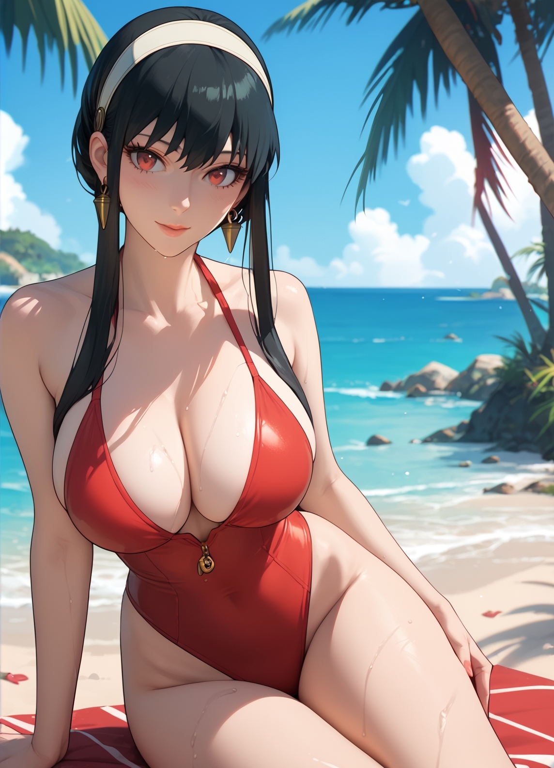 1girls, 2d, ai generated, athletic, athletic female, bare shoulders, beach, belly, big breasts, black hair, blush, breasts, chest, cleavage, curvy, curvy figure, cute, cute face, dark hair, detailed, eyelashes, eyeshadow, female, female focus, female only, fit, fit female, focus, hairband, hands behind head, hands up, high quality, image, large breasts, legs, light skin, light-skinned female, lips, lipstick, long hair, looking at viewer, makeup, mascara, mature, midriff, one-piece swimsuit, pale skin, pale-skinned female, pool, poolside, red eyes, seductive, seductive look, shy, sitting, spy x family, stable diffusion, swimming pool, swimsuit, tall, tall female, thighs, topless, uncensored, yor briar, yor forger