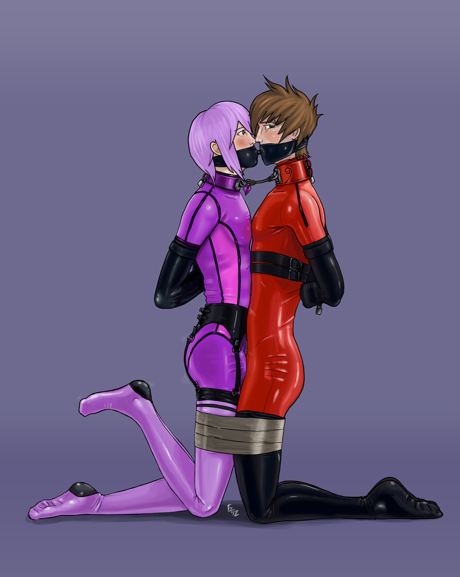 2boys, argrim (character), arms behind back, bodysuit, bondage, bulge, collar, forced, frottage, gag, gagged, gay, kneeling, latex, latex suit, male, tape, taped legs, thighhighs, yaoi
