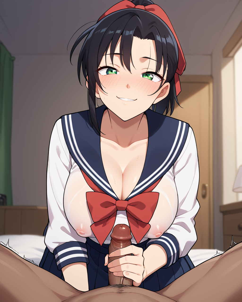 ai ai-kun ai_generated big_breasts cleavage detective_conan handjob holding holding_penis kazuha_toyama large_breasts looking_at_viewer nipples_visible_through_clothing pov pov_eye_contact school_uniform see-through see-through_clothing visible_nipples