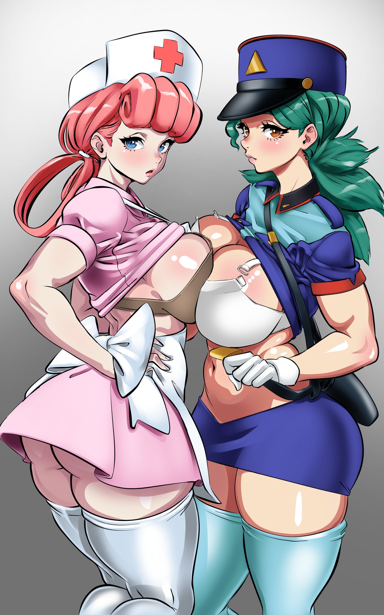 2girls ass bangs blue_eyes blue_hair blue_shirt blue_skirt blue_thighhighs blush bra breast-to-breast breast_press breasts brown_eyes brunohaynes clothes_lift clothing curvaceous eyelashes female female_only gloves green_hair hair_rings hat headwear huge_ass huge_breasts large_breasts legwear lips long_hair looking_at_viewer multiple_girls navel nipples nurse nurse_cap nurse_clothes nurse_joy officer_jenny_(pokemon) orange_eyes pink_dress pink_hair pink_lips pokemon pokemon_(game) pokemon_character police police_hat police_uniform shiny_skin shirt shirt_lift short_sleeves skirt standing symmetrical_docking thick_thighs thighhighs thighs tied_hair underwear uniform white_bra white_gloves white_headwear white_legwear wide_hips