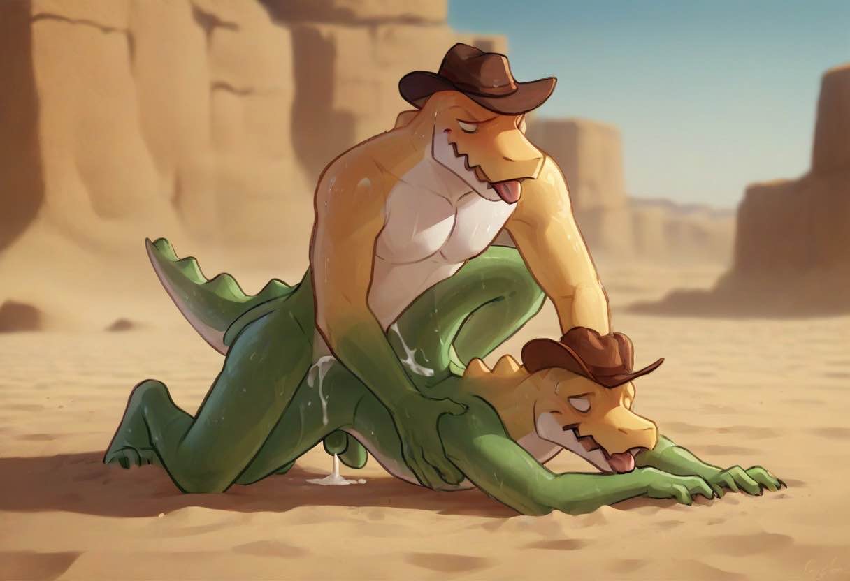 2boys ai_generated anthro anthro_male anthro_penetrated biceps blush cowboy_hat crocodile crocodilian cum cum_in_ass cum_on_penis desert desert_background ejaculation erection gay gay_sex gummigoo_(the_amazing_digital_circus) looking_at_viewer male male/male male_only muscular muscular_male nipples nude_male open_mouth pecs penetration penis penis_in_ass reptile scalie the_amazing_digital_circus tired_expression tired_look toned_body toned_male white_eyes