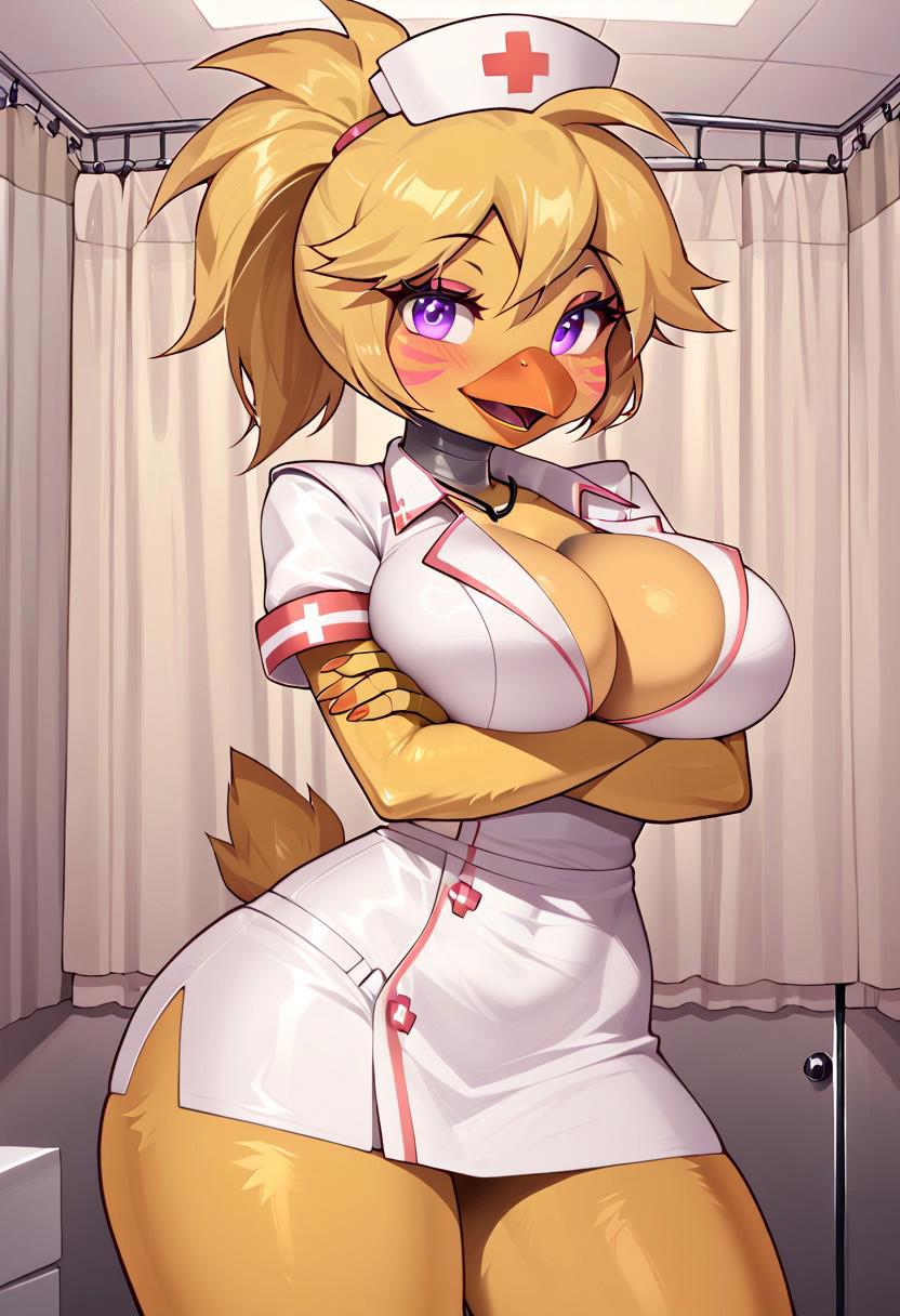 ai_generated bird bird_girl blonde_hair breasts chica_(fnaf) cleavage five_nights_at_freddy's huge_breasts nurse nurse_cap rednelb thick_thighs