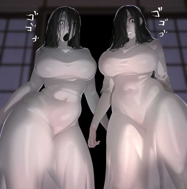 2024 2d 2girls black_hair crossover crossover_pairing crossover_shipping curvy digital_media_(artwork) ghost ghost_girl horror ju-on nightmare_waifu pale-skinned_female pale_skin sadako_yamamura saeki_kayako soraoraora tagme the_grudge the_ring tongue tongue_out uncanny_valley white_dress yamamura_sadako